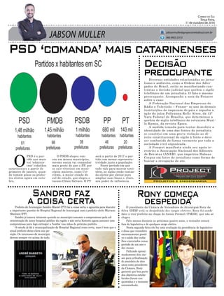 JABSON MULLER
Correio do Sul
Terça-Feira,
11 de outubro de 2016
jabsonmuller@grupocorreiodosul.com.br
(48) 9955.5313
PSD ‘comanda’ mais catarinenses
Decisão
preocupante
Sandro faz
a coisa certa
Rony começa
despedida
O
PSD é o par-
tido que mais
vai ‘adminis-
trar’ cidadãos
catarinenses a partir de
primeiro de janeiro, quan-
do tomam posse os prefei-
tos eleitos agora em outu-
bro.
Diversas entidades relacionadas ao jorna-
lismo e aodireito, como a Ordem dos Advo-
gados do Brasil, estão se manifestando con-
trárias a decisão judicial que quebra o sigilo
telefônico de um jornalista. O fato é mesmo
preocupante. Acompanhe a nota da Fenaert
sobre o caso:
A Federação Nacional das Empresas de
Rádio e Televisão – Fenaer- se une às demais
instituições de imprensa do país e repudia a
ação da juíza Pollyanna Kelly Alves, da 12ª
Vara Federal de Brasília, que determinou a
quebra de sigilo telefônico do colunista Muri-
lo Ramos, da revista Época.
A medida tomada para tentar descobrir a
identidade de uma das fontes do jornalista
se constitui em uma grave violação ao di-
reito constitucional do sigilo à fonte e deve
ser combatida de forma veemente por toda a
sociedade civil organizada.
A Fenaert manifesta ainda seu apoio ir-
restrito a Associação Nacional dos Editores
de Revistas (ANER), que impetrou Habeas
Corpus em favor do jornalista como forma de
buscar a revogação de ato.
Prefeito de Araranguá Sandro Maciel (PT) faz a coisa certa e aguarda para discutir
a importante questão do Hospital Regional de Araranguá com o prefeito eleito Mariano
Mazzuco (PP).
Sandro já estava reticente quando ao município assumir o compromisso pela ad-
ministração do único hospital público da região e não seria honesto agora assumir este
compromisso para logo entregar a ‘bomba’ nas mãos do próximo prefeito.
O estado já dá a municipalização do Hospital Regional como certa, mas é bom que o
atual prefeito deixe clara sua po-
sição. Os interesses do município
devem sempre vir acima de tudo.
O presidente da Câmara de Vereadores de Araranguá Rony da
Silva (DEM) está se despedindo dos cargos eletivos. Rony foi candi-
dato a vice-prefeito na chapa de Anísio Premoli (PMDB), que não se
elegeu.
Pelo menos durante os próximos quatro anos, o vereador estará
fora do legislativo e de qualquer cargo eletivo.
Nesta segunda-feira ele fez uma avaliação da presidência do legislativo
e disse que considera
extremamente positi-
vo o saldo dos traba-
lhos executados nesse
período de um ano e
dez meses.
Faltando aproxi-
madamente dois me-
ses para a finalização
do mandato de dois
anos como presidente
da Câmara, Rony
garante que boa parte
dos objetivos estabe-
lecidos foram con-
quistados e o restante
encaminhado.
O PSDB elegeu ven-
ceu em menos municípios,
mesmo assim vai comandar
mais gente do que o PP, por
se sair vitorioso em muni-
cípios maiores, como Cri-
ciúma, a maior cidade do
sul do estado, que elegeu o
tucano Clésio Salvaro. O PT
será a partir de 2017 o par-
tido com menor representa-
tividade junto a população.
Neste período em que
tudo vale para marcar terri-
tório, as siglas estão contan-
do eleitor por eleitor para
ampliar suas bases e, claro,
seu poder de influência.
 