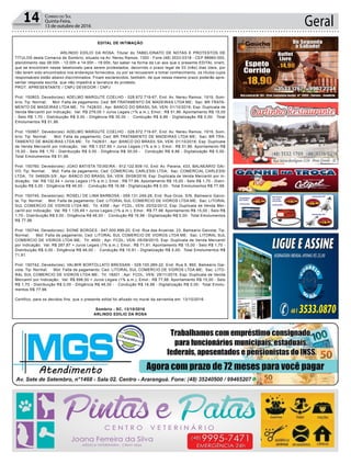 Geral14 Correio do Sul
Quinta-Feira,
13 de outubro de 2016
EDITAL DE INTIMAÇÃO
ARLINDO EDÍLIO DA ROSA, Titular do TABELIONATO DE NOTAS E PROTESTOS DE
TÍTULOS desta Comarca de Sombrio, situado na Av. Nereu Ramos, 1300 - Fone (48) 3533-0318 - CEP 88960-000,
atendimento das 08:00h - 12:00h e 14:00h - 18:00h, faz saber na forma da Lei aos que o presente EDITAL virem,
que se encontram nesse tabelionato para serem protestados, decorrido o prazo legal de 03 (três) dias úteis, por
não terem sido encontrados nos endereços fornecidos, ou por se recusarem a tomar conhecimento, os títulos cujos
responsáveis estão abaixo discriminados. Ficam esclarecidos, também, de que nesse mesmo prazo poderão apre-
sentar resposta escrita, que não impedirá a lavratura do protesto.
PROT. APRESENTANTE / CNPJ DEVEDOR / CNPJ
Prot: 150803; Devedor(es): ADELMO MARGUTE COELHO - 028.672.719-67, End: Av. Nereu Ramos, 1919, Som-
brio; Tip: Normal; Mot: Falta de pagamento; Ced: BR TRATAMENTO DE MADEIRAS LTDA ME; Sac: BR TRATA-
MENTO DE MADEIRAS LTDA ME; Tit: 7428/03 ; Apr: BANCO DO BRASIL SA; VEN: 01/10/2016; Esp: Duplicata de
Venda Mercantil por Indicação; Val: R$ 279,00 + Juros Legais (1% a.m.); Emol.: R$ 51,86. Apontamento R$ 15,00
- Selo R$ 1,70 - Distribuição R$ 0,00 - Diligência R$ 30,00 - Condução R$ 6,86 - Digitalização R$ 0,00- Total
Emolumentos R$ 51,86.
Prot: 150967; Devedor(es): ADELMO MARGUTE COELHO - 028.672.719-67, End: Av. Nereu Ramos, 1919, Som-
brio; Tip: Normal; Mot: Falta de pagamento; Ced: BR TRATAMENTO DE MADEIRAS LTDA ME; Sac: BR TRA-
TAMENTO DE MADEIRAS LTDA ME; Tit: 7428/01 ; Apr: BANCO DO BRASIL SA; VEN: 01/10/2016; Esp: Duplicata
de Venda Mercantil por Indicação; Val: R$ 1.537,85 + Juros Legais (1% a.m.); Emol.: R$ 51,86. Apontamento R$
15,00 - Selo R$ 1,70 - Distribuição R$ 0,00 - Diligência R$ 30,00 - Condução R$ 6,86 - Digitalização R$ 0,00-
Total Emolumentos R$ 51,86.
Prot: 150760; Devedor(es): JOAO BATISTA TEIXEIRA - 912.122.609-10, End: Av. Parana, 433, BALNEARIO GAI-
VO; Tip: Normal; Mot: Falta de pagamento; Ced: COMERCIAL CARLESSI LTDA; Sac: COMERCIAL CARLESSI
LTDA; Tit: 046929-3/9 ; Apr: BANCO DO BRASIL SA; VEN: 29/08/2016; Esp: Duplicata de Venda Mercantil por In-
dicação; Val: R$ 132,54 + Juros Legais (1% a.m.); Emol.: R$ 77,98. Apontamento R$ 15,00 - Selo R$ 1,70 - Distri-
buição R$ 0,00 - Diligência R$ 46,00 - Condução R$ 16,98 - Digitalização R$ 0,00- Total Emolumentos R$ 77,98.
Prot: 150745; Devedor(es): ROSELI DE LIMA BARBOSA - 059.131.249-28, End: Rua Onze, S/N, Balneario Gaivo-
ta; Tip: Normal; Mot: Falta de pagamento; Ced: LITORAL SUL COMERCIO DE VIDROS LTDA ME; Sac: LITORAL
SUL COMERCIO DE VIDROS LTDA ME; Tit: 4356 ; Apr: FCDL; VEN: 20/02/2012; Esp: Duplicata de Venda Mer-
cantil por Indicação; Val: R$ 1.135,49 + Juros Legais (1% a.m.); Emol.: R$ 77,98. Apontamento R$ 15,00 - Selo R$
1,70 - Distribuição R$ 0,00 - Diligência R$ 46,00 - Condução R$ 16,98 - Digitalização R$ 0,00- Total Emolumentos
R$ 77,98.
Prot: 150744; Devedor(es): SIONE BORGES - 647.000.899-20, End: Rua das Arueiras, 23, Balneario Gaivota; Tip:
Normal; Mot: Falta de pagamento; Ced: LITORAL SUL COMERCIO DE VIDROS LTDA ME; Sac: LITORAL SUL
COMERCIO DE VIDROS LTDA ME; Tit: 4600 ; Apr: FCDL; VEN: 05/09/2015; Esp: Duplicata de Venda Mercantil
por Indicação; Val: R$ 287,87 + Juros Legais (1% a.m.); Emol.: R$ 71,91. Apontamento R$ 15,00 - Selo R$ 1,70 -
Distribuição R$ 0,00 - Diligência R$ 46,00 - Condução R$ 10,91 - Digitalização R$ 0,00- Total Emolumentos R$
71,91.
Prot: 150742; Devedor(es): VALMIR BORTOLLATO BRESSAN - 029.100.269-22, End: Rua 9, 860, Balneario Gai-
vota; Tip: Normal; Mot: Falta de pagamento; Ced: LITORAL SUL COMERCIO DE VIDROS LTDA ME; Sac: LITO-
RAL SUL COMERCIO DE VIDROS LTDA ME; Tit: 18201 ; Apr: FCDL; VEN: 29/11/2015; Esp: Duplicata de Venda
Mercantil por Indicação; Val: R$ 696,00 + Juros Legais (1% a.m.); Emol.: R$ 77,98. Apontamento R$ 15,00 - Selo
R$ 1,70 - Distribuição R$ 0,00 - Diligência R$ 46,00 - Condução R$ 16,98 - Digitalização R$ 0,00- Total Emolu-
mentos R$ 77,98.
Certifico, para os devidos fins, que o presente edital foi afixado no mural da serventia em: 13/10/2016.
Sombrio - SC, 13/10/2016
ARLINDO EDÍLIO DA ROSA
 