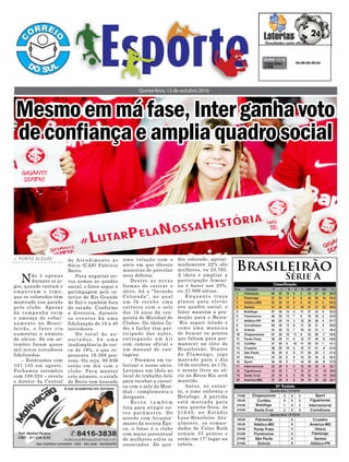 Quinta-feira, 13 de outubro 2016
> PORTO ALEGRE
Não é apenas
durante os jo-
gos, quando cantam e
empurram o time,
que os colorados têm
mostrado sua paixão
pelo clube. Apesar
da campanha ruim
e ameaça de rebai-
xamento no Brasi-
leirão, o Inter viu
aumentar o número
de sócios. Só em se-
tembro foram quase
mil novos torcedores
fidelizados.
– Estávamos com
107.145 em agosto.
Fechamos setembro
com 108.024 – revela
o diretor da Central
de Atendimento ao
Sócio (CAS) Fabrício
Berto.
Para angariar no-
vos nomes ao quadro
social, o Inter segue a
garimpagem pelo in-
terior do Rio Grande
do Sul e também fora
do estado. Conforme
a diretoria, durante
os eventos há uma
fidelização de 10 a 40
torcedores.
Do total de as-
s o c i a d o s , h á u m a
inadimplência de cer-
ca de 18%, o que re-
presenta 19.388 pes-
soas. Ou seja, 88.636
estão em dia com o
clube. Para manter
este número, o estafe
de Berto tem buscado
Mesmoemmáfase,Interganhavoto
deconfiançaeampliaquadrosocial
05-08-09-35-54CONCURSO
4.206
QUINA 11/10
uma relação com o
sócio em que oferece
maneiras de parcelar
seus débitos.
Dentre as novas
formas de cativar o
sócio, há o "Invasão
Colorada", no qual
um fã recebe uma
carteira com o selo
dos 10 anos da con-
quista do Mundial de
Clubes. Os ídolos Ín-
dio e Iarley têm par-
ticipado das ações,
entregando um kit
com camisa oficial e
um manual de van-
tagens.
– Focamos em va-
lorizar o nosso sócio.
Levamos um ídolo ao
local de trabalho dele
para receber a cartei-
ra com o selo do Mun-
dial – complementa o
dirigente.
B e r t o t a m b é m
luta para atingir ou-
tro parâmetro. De
acordo com levanta-
mento da revista Épo-
ca, o Inter é o clube
com maior percentual
de mulheres entre os
associados. Do qua-
Brasileirão
Série A
dro colorado, aproxi-
madamente 22% são
mulheres, ou 23.765.
A ideia é ampliar a
participação femini-
na e bater nos 25%,
ou 27.006 sócias.
Enquanto traça
planos para elevar
seu quadro social, o
Inter mantém a pro-
moção para o Beira-
-Rio seguir lotado e
como uma maneira
de buscar os pontos
que faltam para per-
manecer na elite do
Brasileirão. Diante
do Flamengo, jogo
marcado para o dia
16 de outubro, às 17h,
o acesso livre ao só-
cio no Beira-Rio será
mantido.
Antes, no entan-
to, o time enfrenta o
Botafogo. A partida
está marcada para
esta quarta-feira, às
21h45, no Estádio
Luso-Brasileiro. Atu-
almente, os coman-
dados de Celso Roth
somam 33 pontos e
estão em 17º lugar na
tabela.
 