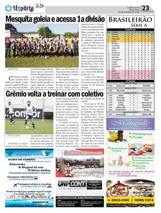 Política 23Correio do Sul
Terça-Feira,
25 de outubro de 2016
> ARARANGUÁ
CT Emerson Almei-
da recebeu bom
público no sábado a tarde,
quandoaequipedoMesqui-
ta, uma das mais tradicio-
> PORTO ALEGRE
O Grêmio se reapre-
sentou na tarde desta
Mesquitagoleiaeacessa1adivisão
Grêmiovoltaatreinarcomcoletivo
nais deAraranguá, não deu
chances para o adversário
Pumas. Mesquita garantiu
a sua classificação para a
final e o passaporte para a
elite do futebol amador da
região, goleando o Pumas
pelo placar de 5x1. André
segunda-feira após o em-
pate em 0 a 0 no Gre-Nal
do último domingo. Os
reservas do time gremista
realizaram um trabalho
Brasileirão
Série A
Mota, aos 29 minutos do
tempoinicial,fezoprimeiro
gol do Mesquita e Juliano
ampliou, aos 36.
Na segunda etapa, An-
dré Mota, aos 15 minutos,
fez mais um para os donos
da casa. Aislan, aos 34,
coletivo no gramado do CT
Luiz Carvalho. Uma indi-
cação da escalação para o
duelo com o Figueirense,
já que os titulares serão
poupados para a Copa
do Brasil. A novidade foi
Douglas, que participou
normalmente.
O camisa 10 volta a
ser titular na decisão de
quarta, contra o Cruzeiro,
pela semifinal da Copa do
Brasil. Aos 34 anos, foi o
único jogador preservado
doGre-Nal411justamente
pelo desgaste físico. Ele
substitui Bolaños, res-
ponsável pela armação
descontou para o Pumas.
Juliano,fezoquartodoMes-
quita e no finalzinho André
Mota novamente, fez o seu
terceiro gol e o quinto do
time deAraranguá, fechan-
do a goleada e garantindo
a equipe do Mesquita na
final e de quebra o acesso
a primeira divisão do ano
que vem.
O time do treinador
Batista irá enfrentar na de-
cisão o Inter de São Defen-
de, que passou pelo favorito
Rui Barbosa. Inter e Rui
Barbosa empataram em 1
x 1 e nas penalidades máxi-
mas o time de São Defende
ganhou de 4 a 2.
A final entre Mesqui-
ta e Inter será disputada
em partida única, em Ara-
ranguá, no CT Emerson
Almeida.
das jogadas tricolores no
clássico.
No campo do CT, Re-
nato orientou um treino
coletivo. O time reserva
foi montado com Wallace
Oliveira, Rafael Thye-
re, Wallace Reis e Iago;
Jailson, Kaio, Guilherme,
Douglas e Everton; Batis-
ta. Essa deve ser a escala-
ção para o jogo de Floria-
nópolis, no sábado, pelo
Brasileirão, com exceção
de Douglas e talvez com
o acréscimo de Henrique
Almeida, fora dos treinos
por conta de uma fascite
plantar no pé direito.
 