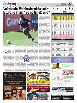 Política 27Correio do Sul
Quarta-Feira,
16 de novembro de 2016
> PORTO ALEGRE
Q
ual será o fu-
turo de Viti-
nho?Arespos-
ta saíra somente no final
do ano, após o encerra-
mento do Brasileirão. Na
mira do Flamengo para
a próxima temporada,
assim como da diretoria
do Inter para a reno-
vação, o atleta evita se
pronunciar em relação ao
horizonte que se avizinha
para a sua carreira. Por
enquanto, prefere focar
somente na briga contra
o rebaixamento.
– Não me envolvo em
17h00
Terça-feira 15/11/16
X
35° Rodada
Pos. Equipes P J V E D GP GC SG %
X
X
X
X
X
X
X
X
X
Quarta-feira 16/11/16
Quinta-feira 17/11/16
1 1
19h30
21h00
21h45
21h45
21h45
19h30
19h30
21h00
21h00
negociação. Ainda mais
quando estou no clube. O
meu empresário (Miguel
Góes) conversou comigo,
mas não me passou nada.
Meu pensamento está no
Inter, em ajudar a equipe.
O que vai ocorrer eu só
vou decidir no fim
do ano – resumiu.
Dono dos di-
reitos econômi-
cos do atacante,
o CSKA não pre-
tende emprestá-lo
novamente. Além disso,
o Flamengo já demons-
trou interesse. Até por
isso, o vice de futebol do
Inter, Fernando Carva-
lho, tomou a frente das
tratativas e manifestou o
Brasileirão
Série A
desejo de que o camisa 11
não deixe o clube no final
do ano.
O Inter tem até 31 de
dezembro para utilizar
a prioridade de compra.
O clube, todavia, não
dispõe do valor desejado
pelos russos, que
desembolsaram 10
milhões de euros
(cerca de R$ 30
milhões na época),
em 2013, para ti-
rá-lo do Botafogo.
A direção busca uma
forma de compor a nego-
ciação. Uma ideia é ad-
quirir metade dos direitos
do jogador. Para tal, o
Inter estuda a alternativa
de recorrer a um velho
Valorizado,Vitinhodespistasobre
futuronoInter:"Sónofimdoano"parceiro: Delcir Sonda.
Assim como fez com Nico
López, o investidor em-
prestaria o montante
para o acerto.
Vitinho está recupe-
rado de desconforto na
coxa direita, que o afas-
tou do empate por 2 a 2
contra Atlético-MG e da
derrota por 1 a 0 para o
Palmeiras. A esperança
de gols dos torcedores se
diz pronta para ajudar o
Inter a superar a Ponte
Preta nesta quinta-feira,
no Beira-Rio.
– Desde ontem me
sinto bem. Hoje também.
Estou bem para jogar e
feliz por voltar – disse o
atacante em entrevista
coletiva nesta sexta.
No Colorado desde
o começo do ano passa-
do, Vitinho é a principal
arma ofensiva e esperan-
ça para evitar o descenso.
Vice-goleador da tempo-
rada com 14 gols, um a
menos do que Eduardo
Sasha, é o artilheiro do
time no Brasileirão, com
oito.
No embalo de Vitinho,
o Inter volta aos treinos
nesta quarta. A atividade
está prevista para ocorrer
pela parte da tarde. Na
quinta, às 21h, os coman-
dados de Roth recebem a
Ponte Preta no Beira-Rio.
Atualmente, a equipe
amarga o 17º lugar na ta-
bela do Brasileirão, com
38 pontos, um a menos
que o Vitória, último fora
da zona de rebaixamento.
 