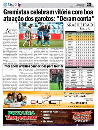Política 23Correio do Sul
Segunda-Feira,
21 de novembro de 2016
> PORTO ALEGRE
A
vitória do Grê-
mio por 3 a 0
sobre o Amé-
rica-MG serviu para de-
monstrar a força do grupo
de Renato Portaluppi. Os
tricolores entendem que
aproveitaram a chance
recebida na tarde des-
te domingo na Arena.
Muito em decorrência
do gol cedo marcado pelo
zagueiro Fred.
O defensor abriu o
placar logo aos 10 minu-
tos, quando completou co-
brança de falta de Iago e
mandou para o fundo das
redes de João Ricardo.
Para Fred, o gol facilitou
ao Grêmio se impor na
partida:
- Foi importante. Sa-
bíamos que seria difícil.
> PORTO ALEGRE
No intuito de evitar o
maior fracasso de sua his-
tória, a direção demitiu
Celso Roth e contratou
Luiz Carlos de Lorenzi,
o Lisca, para comandar
as últimas três partidas
do Inter pelo Brasileirão.
Em comum, ambos são
lembrados por passagens
anteriores pelo Beira-Rio.
O gol cedo abriu o jogo.
Foi bom.Arapaziada deu
conta.
Negueba era um dos
mais alegres. O atacante,
que tem sofrido com pro-
blemas desde que chegou
ao clube, celebrou justa-
mente o fato de deixar
sua marca e auxiliar no
placar sobre os mineiros.
Algo, aliás, que virou
marca da gestão Vitorio
Piffero.
Próximo de encerrar
seu mandato, o presi-
dente contratou o quinto
treinador em dois anos.
Antes de Roth e Lisca,
Diego Aguirre, Argel e
Paulo Roberto Falcão
estiveram no banco de
reservas. Todos apre-
sentam ligação com o
clube, como jogadores ou
técnicos.
Brasileirão
Série A
- Fico bastante feliz
em marcar pelo Grêmio.
Tive duas lesões, mas
hoje pude ajudar na vitó-
ria do Grêmio - valorizou
Negueba.
Com o resultado, o
Grêmio soma 53 pontos
e ocupa a sétima coloca-
ção. Na próxima rodada,
enfrenta o Santa Cruz.
Gremistascelebramvitóriacomboa
atuaçãodosgarotos:"Deramconta"
A partida está marcada
para as 19h30 de domin-
go no Arruda, em Recife.
Antes, no entanto, con-
centra as forças na Copa
do Brasil. Na quarta, às
21h45, começa a decisão
na Copa do Brasil. No
Mineirão, a equipe de
Renato Portaluppi pega
o Atlético-MG.
Interapelaavelhosconhecidosparatreinar
Com passagens por
equipes do interior do
Rio Grande do Sul, Lu-
verdense, Sampaio Cor-
rêa, Náutico, Ceará e
Joinville, Lisca iniciou
nas categorias de base
do Inter. O profissional
de 44 anos tem ampla
rodagem entre os jovens,
da escolinha ao time B.
Chegou a treinar Martin
Carvalho, filho do vice de
futebol Fernando Carva-
lho, em 2007.
 