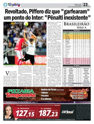 Política 23Correio do Sul
Terça-Feira,
22 de novembro de 2016
> PORTO ALEGRE
V
itorio Piffe-
ro voltou a
falar. Desta
vez, por livre e espontâ-
nea vontade. O intuito?
Esbravejar contra a
arbitragem de Rodol-
pho Toski Marques. De
acordo com o presiden-
te, o Inter foi garfeado
e ficou sem o ponto que
poderia auxiliar na
luta contra o rebaixa-
mento em razão da der-
rota por 1 a 0 na noite
desta segunda-feira na
Arena.
O mandatário apro-
veitou a conferência
para vociferar. O tom
inconformado apareceu
a cada resposta. A irri-
tação veio pelo pênalti
marcado em Romero de
Ernando, que culminou
no gol de Romero. Piffe-
Brasileirão
Série A
ro chegou a dizer que
avisou ao secretário-
-geral da CBF Walter
Feldman antes do due-
lo sobre o árbitro, o que
incomodou ainda mais:
- Mais uma vez, o
Inter vem a São Pau-
lo e é garfeado pela
arbitragem. Em 2005
foi assim, 2009 foi e
hoje de novo. Três jogos
decisivos e nós vio-
lentamente garfeados.
Pênalti totalmente
Revoltado,Pifferodizque"garfearam"
umpontodoInter:"Pênaltiinexistente"inexistente, inventado
pela arbitragem.
O assuntou não
saiu de pauta. Ques-
tionado se faria uma
reclamação formal,
declarou que é irrele-
vante, já que "vai aos
arquivos". Piffero per-
guntou aos repórteres
se eles achavam que
tinha sido. Para o pre-
sidente, o Inter deixa a
Arena roubado.
- Até o pênalti, o
jogo era parelho. O In-
ter estava bem posta-
do. Jogou pela cartilha.
Fez o que foi combina-
do. Aí, com o pênalti,
virou outro jogo. Tenta-
mos, mas não consegui-
mos. É revoltante. Nos
roubaram um ponto
hoje. É isso.
William teve dis-
curso semelhante ao
do dirigente. Ainda na
saída do gramado, o
lateral-direito também
mostrou muita irrita-
ção quanto ao episódio:
- Complicado. Te-
mos que jogar contra
todo mundo. Mais um
pênalti contra o Inter.
É sacanagem o que
estão fazendo conosco.
Com o resultado, o
Inter soma 39 pontos
e está em 17º. Na pró-
xima rodada, a equipe
recebe o Cruzeiro. A
partida está marcada
para o domingo, às 17h,
no Beira-Rio.
 
