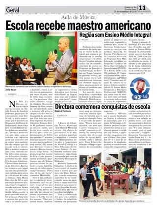 Geral 11Correio do Sul
Quarta-Feira,
23 de novembro de 2016
> SOMBRIO
N
o D i a d a
Música, co-
memorado
ontem, alunos da Es-
cola Jovem de Sombrio
puderam participar de
uma palestra com Eric
Stark, o norte-ameri-
cano que é maestro na
Orquestra Sinfônica de
Indianápolis e que viaja
pelo mundo falando so-
bre música na atualida-
de. “Desde o momento
em que uma pessoa
compra um ingresso
para um concerto até
se sentar para assistir,
ela não imagina que vai
cantar com o cantor.
Mas a música promove
isso, essa conexão en-
tre diferentes pessoas,
de diferentes idades,
parentes ou não”, disse
Eric durante a palestra.
Vários vídeos mostran-
do as diferentes facetas
da música e seu papel
na vida das pessoas fo-
ram exibidos para cerca
de 140 alunos de todas
as turmas. Para Maria
Barcelos da Silva, que
estuda no primeiro ano,
não dá para imaginar o
mundo sem essa forma
de arte. “A palestra é
muito interessante, a
gente aprende mais so-
bre a música. Para mim
a música faz parte da
vida e eu escuto quase
Aline Bauer
Gislaine Fontoura
Escolarecebemaestroamericano
Aula de Música
o dia todo”, conta. A vi-
sita deu-se, justamente,
por causa da arte, mas
de outro tipo, a pintu-
ra. Um professor cha-
mado Adriano, amigo
da diretora Marivalda
Pereira da Silva, esteve
na universidade onde
o maestro dá aulas e
chegou a ir dele em In-
dianápolis. Lá percebeu
que Eric tem três qua-
dros originais do pintor
brasileiro Romero Brit-
to. O professor contou
ao músico, então, que
havia uma escola no
Brasil que tinha re-
presentações de Britto
nas paredes. O maestro
disse que quando viesse
ao país, queria conhecer
essa escola. Foi assim
que Adriano trouxe o
músico à Escola Jovem
nesta terça-feira. “A
proposta partiu mesmo
do Eric e nós pronta-
mente aceitamos. Que-
ríamos que ele falasse
para os alunos do pe-
ríodo noturno também,
mas ele já tinha outros
compromissos. Para
nós, já foi um lucro”,
comentou Marivalda.
Eric é um profissio-
nal respeitado mun-
dialmente, mas no gê-
nero musical em que
trabalha, o clássico.
Havia certo receio de
que não agradasse os
jovens, no entanto, sua
visita a Escola Jovem
fez sucesso. “Eles gos-
taram muito, superou
Maestro Eric conversou com os alunos sobre a paixão e a importância da música
Rosineia acompanha de perto as atividades dos alunos da escola que coordena
as expectativas deles.
Acharam que teriam
dificuldade na língua,
mas com um tradutor
deu tudo certo”, come-
morou Marivalda.
> REGIÃO
Nenhuma das escolas
estaduais da região ade-
riu ao ensino médio in-
tegral, que começa a ser
oferecido em 14 escolas
catarinenses em 2017.
Santa Catarina poderia
incluir até 30 estabele-
cimentos de ensino no
Programa de Fomento à
Implementação de Esco-
las em Tempo Integral,
do governo federal, po-
rém menos da metade
manifestaram interesse
em oferecer carga ho-
rária ampliada para os
alunos do primeiro ano
do ensino médio.
Na manhã desta
terça-feira, o secretário
de Estado da Educação,
Eduardo Deschamps,
anunciou as datas e apre-
> MARACAJÁ
A Escola de Educa-
ção Básica Municipal
12 de Maio de Maracajá
atende 450 alunos do
pré-escolar ao 9º ano,
nos períodos matutino
e vespertino e trabalha
com vários projetos, en-
tre eles o Cooperjovem
do Sicoob Credija e o
Mais Educação do Go-
verno Federal. Os pro-
fessores realizam cons-
tantemente capacitação
continuada, por meio da
Secretaria Municipal de
Educação.
Rosineia Aparecida
Gonçalves é diretora da
instituição há quatro
anos e conta que por
meio do Mais Educa-
ção, a escola conquistou
aparelhos de ar-condi-
cionado, mesas de jogos,
bolas e mais materiais
didáticos para quase to-
das as dez salas de aula,
apenas duas não tem os
parelhos instalados.
Com a colaboração
dos pais em sorteios
e festas, foi adquirido
também um parquinho
RegiãosemEnsinoMédioIntegral
Diretoracomemoraconquistasdeescola
sentou os projetos e as
ações que marcarão o
próximo ano letivo. O
destaque foram justa-
mente as escolas com
jornada ampliada. No
Ensino Fundamental
341 escolas aderiram
ao Programa Novo Mais
Educação integrado ao
Programa Estadual de
Novas Oportunidades de
Aprendizagem (PENOA).
Já no Ensino Médio serão
229 unidades. O Progra-
ma Ensino Médio Inova-
dor integrado ao PENOA
terá 173 escolas com ofi-
cinas de cultura ou es-
porte e leitura, escrita e
cálculo. O Ensino Médio
Integrado a Educação
Profissional (EMIEP),
que conta com 42 esco-
las, terá como novidade
o currículo reformulado
no curso de informática
novo para as crianças,
com cama elástica e pis-
cina de bolinha que é
usado na educação física
e no período de recre-
ação. “Temos dois par-
quinhos, um novo que
a gente conseguiu e o
antigo”, comemora a di-
retora. No contra-turno
escolar, são oferecidas
aulas de violão, coral,
teclado, rádio e reforço
pelo Mais Educação,
além das aulas para por-
tadores de necessidades
de quatro escolas.
Porém, o grande di-
ferencial fica por conta
das 14 escolas que ade-
riram ao Ensino Médio
Integral. Os alunos terão
aulas quatro dias das
7h30 às 17h15 e um dia
das 7h30 às 12h15, com
as refeições na escola. A
adesão a este programa
foi de forma voluntária
das escolas e a expectati-
va do secretário é de que
aumente em 2018.
especiais.
Rosineia salienta
que a escola, localizada
no Centro, é referência
no município, pois é a
maior de Maracajá. A bi-
blioteca ganhou livros e
prateleiras novas e atu-
almente possui cerca de
oito mil títulos. A maio-
ria das conquistas veio
nos últimos dois anos.
Em 2014 a sala de in-
formática foi ampliada,
ganhou ar-condicionado
e mais dez computadores
e todas as carteiras fo-
ram trocadas por novas.
A expectativa da di-
retora é em relação ao
prédio novo, que está
em construção e deve ser
inaugurado no próximo
ano. “Foi uma conquis-
ta nossa, que já está
a caminho”, assevera.
Quarenta funcionários
trabalham na 12 de
Maio, entre professores,
merendeiras e profissio-
nais da secretaria e de
serviços gerais.
 