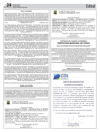 Edital24 Correio do Sul
Quarta-Feira,
23 de novembro de 2016
Auto Posto Sete de Setembro Ltda, vem à Público notificar que foram extraviados os emissores
de Cupom fiscal, Marca Bematech, mod. MP-20 FI II ECF-IF, versão 3.25 e 3.26, fabricação
4708030866602 e Marca Bematech, mod. MP-2100 TH FI, versão 01.01.00, fabricação
BE050875600000024534, vinculados ao CICMS-SC 254361340, localizados na Cidade deAraranguá-
SC – Centro, conforme o seguinte Boletim de ocorrência nº 00207-2016-0003278, dia 21/11/2016.
Os equipamentos estavam na sua dependência para serem baixados junto à Secretária de Estado
da Fazenda de Santa Catarina, os quais não foram mais encontrados.
EDITAL DE INTIMAÇÃO
ARLINDO EDÍLIO DA ROSA, Titular do TABELIONATO DE NOTAS E PROTESTOS DE TÍTULOS
desta Comarca de Sombrio, situado na Av. Nereu Ramos, 1300 - Fone (48) 3533-0318 - CEP
88960-000, atendimento das 08:00h - 12:00h e 14:00h - 18:00h, faz saber na forma da Lei aos que
o presente EDITAL virem, que se encontram nesse tabelionato para serem protestados, decorrido
o prazo legal de 03 (três) dias úteis, por não terem sido encontrados nos endereços fornecidos, ou
por se recusarem a tomar conhecimento, os títulos cujos responsáveis estão abaixo discriminados.
Ficam esclarecidos, também, de que nesse mesmo prazo poderão apresentar resposta escrita, que
não impedirá a lavratura do protesto.
PROT. APRESENTANTE / CNPJ DEVEDOR / CNPJ
Prot: 152288; Devedor(es): ANGELINA DE BORBA NICHELE - 577.970.990-49, End: Rua Passo
Fundo, S/N, Balneario Gaivota; Tip: Normal; Mot: Falta de pagamento; Ced: CECILIA ROSA
ISOPPO COELHO & CIA LTDA - ME; Sac: CECILIA ROSA ISOPPO COELHO & CIA LTDA - ME;
Tit: 00024759 ; Apr: FCDL; VEN: 15/03/2014; Esp: Duplicata de Venda Mercantil por Indicação;
Val: R$ 115,00 + Juros Legais (1% a.m.); Emol.: R$ 81,08. Apontamento R$ 15,00 - Selo R$ 1,70
- Distribuição R$ 0,00 - Diligência R$ 46,00 - Condução R$ 20,08 - Digitalização R$ 0,00- Total
Emolumentos R$ 81,08.
Prot: 152314; Devedor(es): JOAO BATISTAPEREIRAFREITAS - 674.483.809-15, End:Av. Interpraias,
112, Balneario Gaivota; Tip: Normal; Mot: Falta de pagamento; Ced: GAIVOTA COMERCIO
MATERIAL DE CONSTRUCAO LTDA; Sac: GAIVOTA COMERCIO MATERIAL DE CONSTRUCAO
LTDA; Tit: 20150744406 ; Apr: FCDL; VEN: 06/08/2015; Esp: Nota Promissória; Val: R$ 4.000,00 +
Juros Legais (1% a.m.); Emol.: R$ 81,08.Apontamento R$ 15,00 - Selo R$ 1,70 - Distribuição R$ 0,00
- Diligência R$ 46,00 - Condução R$ 20,08 - Digitalização R$ 0,00- Total Emolumentos R$ 81,08.
Prot: 152313; Devedor(es): MARIA MARLENE MENEZES BORGES - 595.360.639-72, End: Rua
09, 1160, Balneario Gaivota; Tip: Normal; Mot: Falta de pagamento; Ced: GAIVOTA COMERCIO
MATERIAL DE CONSTRUCAO LTDA; Sac: GAIVOTA COMERCIO MATERIAL DE CONSTRUCAO
LTDA; Tit: NP 01 ; Apr: FCDL; VEN: 25/03/2016; Esp: Nota Promissória; Val: R$ 525,39 + Juros
Legais (1% a.m.); Emol.: R$ 77,98. Apontamento R$ 15,00 - Selo R$ 1,70 - Distribuição R$ 0,00 -
Diligência R$ 46,00 - Condução R$ 16,98 - Digitalização R$ 0,00- Total Emolumentos R$ 77,98.
Prot: 152301; Devedor(es): MARLEI DE SOUZA - 290.224.870-91, End: Rua Breno Cardoso,
1810, Sombrio; Tip: Normal; Mot: Falta de pagamento; Ced: CALCADOS RF LTDA - EPP; Sac:
CALCADOS RF LTDA - EPP; Tit: 19700 ; Apr: FCDL; VEN: 02/04/2013; Esp: Duplicata de Venda
Mercantil por Indicação; Val: R$ 232,15 + Juros Legais (1% a.m.); Emol.: R$ 51,86. Apontamento R$
15,00 - Selo R$ 1,70 - Distribuição R$ 0,00 - Diligência R$ 30,00 - Condução R$ 6,86 - Digitalização
R$ 0,00- Total Emolumentos R$ 51,86.
Prot: 152287; Devedor(es): PEDRO ROCHA COELHO - 470.579.040-53, End: Rua João Manoel
Scheffer, 1786, Sombrio; Tip: Normal; Mot: Falta de pagamento; Ced: MONSTRINHO IND E COM
DE CONFECCOES; Sac: MONSTRINHO IND E COM DE CONFECCOES; Tit: 56476 ; Apr: FCDL;
VEN: 24/05/2016; Esp: Duplicata de Venda Mercantil por Indicação; Val: R$ 287,64 + Juros Legais
(1% a.m.); Emol.: R$ 51,86. Apontamento R$ 15,00 - Selo R$ 1,70 - Distribuição R$ 0,00 - Diligência
R$ 30,00 - Condução R$ 6,86 - Digitalização R$ 0,00- Total Emolumentos R$ 51,86.
Prot: 152191; Devedor(es): RENATO VASCONCELLOS DORNELLES - 021.728.660-75, End: Rua
Vanio Aires Simão, 840, Bal Gaivota; Tip: Normal; Mot: Falta de pagamento; Ced: BANCO DO
ESTADO DO RIO GRANDE DO SUL SA; Sac: SULCRED FACTORING LTDA; Tit: 610 ;Apr: BANCO
SANTANDER SA; VEN: 10/11/2016; Esp: Duplicata de Venda Mercantil por Indicação; Val: R$ 700,00
+ Juros Legais (1% a.m.); Emol.: R$ 77,98. Apontamento R$ 15,00 - Selo R$ 1,70 - Distribuição R$
0,00 - Diligência R$ 46,00 - Condução R$ 16,98 - Digitalização R$ 0,00- Total Emolumentos R$ 77,98.
Prot: 152298; Devedor(es): TAIARA DA SILVA PEDRO - 106.905.179-98, End: Rua Breno Cardoso,
1810, Sombrio; Tip: Normal; Mot: Falta de pagamento; Ced: CALCADOS RF LTDA - EPP; Sac:
CALCADOS RF LTDA - EPP; Tit: 5943 ; Apr: FCDL; VEN: 06/02/2015; Esp: Duplicata de Venda
Mercantil por Indicação; Val: R$ 81,60 + Juros Legais (1% a.m.); Emol.: R$ 51,86. Apontamento R$
15,00 - Selo R$ 1,70 - Distribuição R$ 0,00 - Diligência R$ 30,00 - Condução R$ 6,86 - Digitalização
R$ 0,00- Total Emolumentos R$ 51,86.
Certifico, para os devidos fins, que o presente edital foi afixado no mural da serventia em: 23/11/2016.
Sombrio - SC, 23/11/2016
ARLINDO EDÍLIO DA ROSA
ESTADO DE SANTA CATARINA
PREFEITURA MUNICIPAL DE TURVO
EDITAL DE PROCESSO SELETIVO Nº 004/2016-SME E 005/2016-PMT
O Município de Turvo-SC torna público que se encontram abertas às inscrições do Processo
Seletivo para o preenchimento de vagas de profissionais para respectivos cargos nas seguintes
secretarias: Secretaria Municipal de Educação, Secretaria Municipal de Administração e Finanças
e Secretaria Municipal de Obras e Serviços Públicos, para o exercício de 2017.
Inscrições: As inscrições serão somente Online, através do site www.processosseletivos.com.br/
turvo dos dias 24 a 29/11/2016. O período de validação das inscrições será entre os dias 29 e
30/11/2016, na Secretaria Municipal de Educação de Turvo.
Prova Escrita: Será realizada no dia 18/12/2016, nas dependências da Escola Municipal de
Educação Básica Prof. Laurita Manfredini Bristot, situada na Rodovia SC 285, estrada geral Linha
Contessi, Turvo – SC. Os horários das provas serão divulgado no dia 09/12/2016 até as 23h:59min,
através do site www.processosseletivos.com.br/turvo
Os editais completos encontram-se disponíveis nos endereços eletrônicos: www.turvo.sc.gov.br e
www.processosseletivos.com.br/turvo.
Turvo (SC), 22 de novembro de 2016.
ROBERTO CARLOS PATEL
Presidente da Comissão de Processo Seletivo
Estado de Santa Catarina
Prefeitura Municipal de Turvo
Aviso de Licitação
Processo de Licitação nº 56/2016 – Tomada de Preço nº 56/2016
Objeto: Pavimentação com lajotas da Rua Libero Carlessi, Rua N°
316 e Rua José Dagostin.
Entrega dos envelopes: até as 08h45min do dia 13/12/2016
Abertura da Sessão: as 09:00 hs do dia 13/12/2016
Informações e cópia do edital: Departamento de Compras e
Licitações da Prefeitura Municipal de Turvo, sito a Rua Nereu
Ramos, 609 – Centro – Turvo/SC, no horário das 07:30 as 11:30 e
das 13:30 as 17:00 horas em dias úteis. Fone (48) 3525-8100, fax
(48) 3525-0186.
Turvo/SC, 22 de novembro de 2016.
Nestor Reco
Presidente da C.J.L.
Estado de Santa Catarina
Prefeitura Municipal de Turvo
Aviso de Licitação
Processo de Licitação nº 57/2016 – Tomada de Preço nº 57/2016
Objeto: Pavimentação de Vias Publicas – Rua Antônio Dandolini.
Entrega dos envelopes: até às 10h15min do dia 13/12/2016
Abertura da Sessão: às 10h30min do dia 13/12/2016
Informações e cópia do edital: Departamento de Compras e
Licitações da Prefeitura Municipal de Turvo, sito a Rua Nereu
Ramos, 609 – Centro – Turvo/SC, no horário das 07:30 as 11:30 e
das 13:30 as 17:00 horas em dias úteis. Fone (48) 3525-8100, fax
(48) 3525-0186.
Turvo/SC, 22 de novembro de 2016.
Nestor Reco
Presidente da C.J.L.
 