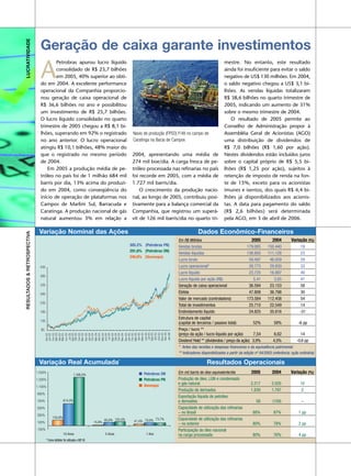 LUCRATIVIDADE



                               Geração de caixa garante investimentos

                               A
                                       Petrobras apurou lucro líquido                                                                                       mestre. No entanto, este resultado
                                       consolidado de R$ 23,7 bilhões                                                                                       ainda foi insuficiente para evitar o saldo
                                       em 2005, 40% superior ao obti-                                                                                       negativo de US$ 130 milhões. Em 2004,
                               do em 2004. A excelente performance                                                                                          o saldo negativo chegou a US$ 3,1 bi-
                               operacional da Companhia proporcio-                                                                                          lhões. As vendas líquidas totalizaram
                               nou geração de caixa operacional de                                                                                          R$ 38,6 bilhões no quarto trimestre de
                               R$ 36,6 bilhões no ano e possibilitou                                                                                        2005, indicando um aumento de 31%
                               um investimento de R$ 25,7 bilhões.                                                                                          sobre o mesmo trimestre de 2004.
                               O lucro líquido consolidado no quarto                                                                                           O resultado de 2005 permite ao
                               trimestre de 2005 chegou a R$ 8,1 bi-                                                                                        Conselho de Administração propor à
                               lhões, superando em 92% o registrado                                   Navio de produção (FPSO) P.48 no campo de             Assembléia Geral de Acionistas (AGO)
                               no ano anterior. O lucro operacional                                   Caratinga na Bacia de Campos                          uma distribuição de dividendos de
                               atingiu R$ 10,1 bilhões, 48% maior do                                                                                        R$ 7,0 bilhões (R$ 1,60 por ação).
                               que o registrado no mesmo período                                      2004, apresentando uma média de                       Nestes dividendos estão incluídos juros
                               de 2004.                                                               274 mil boe/dia. A carga fresca de pe-                sobre o capital próprio de R$ 5,5 bi-
                                   Em 2005 a produção média de pe-                                    tróleo processada nas refinarias no país              lhões (R$ 1,25 por ação), sujeitos à
                               tróleo no país foi de 1 milhão 684 mil                                 foi recorde em 2005, com a média de                   retenção de imposto de renda na fon-
                               barris por dia, 13% acima do produzi-                                  1.727 mil barris/dia.                                 te de 15%, exceto para os acionistas
                               do em 2004, como conseqüência do                                           O crescimento da produção nacio-                  imunes e isentos, dos quais R$ 4,4 bi-
                               início de operação de plataformas nos                                  nal, ao longo de 2005, contribuiu posi-               lhões já disponibilizados aos acionis-
                               Campos de Marlim Sul, Barracuda e                                      tivamente para a balança comercial da                 tas. A data para pagamento do saldo
                               Caratinga. A produção nacional de gás                                  Companhia, que registrou um superá-                   (R$ 2,6 bilhões) será determinada
                               natural aumentou 3% em relação a                                       vit de 126 mil barris/dia no quarto tri-              pela AGO, em 3 de abril de 2006.

                              Variação Nominal das Ações                                                                                   Dados Econômico-Financeiros
RESULTADOS & RETROSPECTIVA




                                                                                                                              Em R$ Milhões                                   2005          2004        Variação (%)
                                                                                                     305.2% (Petrobras PN)    Vendas brutas                                 179.065      150.440               19
                                                                                                     291,6% (Petrobras ON)
                                                                                                                              Vendas líquidas                               136.605      111.128               23
                                                                                                     240,6% (Ibovespa)
                                                                                                                              Lucro bruto                                     59.497      46.059               29
                               430                                                                                            Lucro operacional*                              39.773      29.930               33
                                                                                                                              Lucro líquido                                   23.725      16.887               40
                               380
                                                                                                                              Lucro líquido por ação (R$)                       5,41         3,85              41
                               330                                                                                            Geração de caixa operacional                    36.594      23.153               58
                               280                                                                                            Ebitda                                          47.808      36.798               30
                                                                                                                              Valor de mercado (controladora)               173.584      112.458               54
                               230
                                                                                                                              Total de investimentos                          25.710      22.549               14
                               180                                                                                            Endividamento líquido                           24.825      35.816              -31
                                                                                                                              Estrutura de capital
                               130
                                                                                                                              (capital de terceiros / passivo total)            52%          58%             -6 pp
                               80                                                                                             Preço / lucro **
                                                                                                                              (preço da ação / lucro líquido por ação)          7,54         6,62              14
                                     Dez-05
                                      Jan-06
                                     Jun-05
                                      Jul-05
                                     Ago-05
                                      Set-05
                                      Out-05
                                     Nov-05
                                      Abr-05
                                     Mai-05
                                     Mar-03




                                     Mar-04




                                     Mar-05
                                     Dez-02
                                     Jan-03
                                     Fev-03



                                     Jun-03
                                      Jul-03
                                     Ago-03
                                     Set-03
                                     Out-03
                                     Nov-03
                                     Dez-03
                                     Jan-04
                                     Fev-04


                                     Mai-04
                                     Jun-04
                                      Jul-04
                                     Ago-04
                                     Set-04
                                     Out-04
                                     Nov-04
                                     Dez-04
                                     Jan-05
                                     Fev-05
                                     Mai-03
                                     Abr-03




                                     Abr-04




                                                                                                                              Dividend Yield ** (dividendos / preço da ação) 3,9%           4,5%            -0,6 pp
                                                                                                                              * Antes das receitas e despesas financeiras e da equivalência patrimonial
                                                                                                                              ** Indicadores disponibilizados a partir da edição nº 04/2003 (referência: ação ordinária)

                              Variação Real Acumulada*                                                                                          Resultados Operacionais
                             1.500%
                                                               1.346,0%                                  I Petrobras ON       Em mil barris de óleo equivalente/dia           2005          2004        Variação (%)
                             1.300%                                                                      I Petrobras PN       Produção de óleo, LGN e condensado
                                                                                                         I Ibovespa           e gás natural                                   2.217        2.020              10
                             1.100%
                                                                                                                              Produção de derivados                           1.839        1.797               2
                             900%
                                                                                                                              Exportação líquida de petróleo
                             700%                    614,5%                                                                   e derivados                                        58         (150)              –
                             500%                                                                                             Capacidade de utilização das refinarias
                                                                                                                              – no Brasil                                      88%           87%             1 pp
                             300%
                                           155,6%                                                                  73,7%      Capacidade de utilização das refinarias
                                                                                      85,6% 102,4%     41,4% 79,8%
                             100%                                             15,8%                                           – no exterior                                    80%           78%             2 pp
                             -100%                                                                                            Participação do óleo nacional
                                                     10 Anos                          5 Anos                 1 Ano            na carga processada                              80%           76%             4 pp
                                     * Como deflator foi utilizado o IGP-DI
 