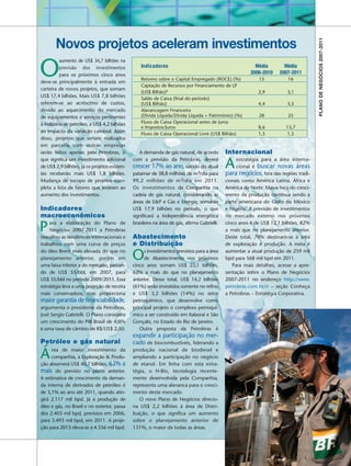 PLANO DE NEGÓCIOS 2007-2011
       Novos projetos aceleram investimentos

O
          aumento de US$ 34,7 bilhões na
          previsão dos investimentos              Indicadores                                              Média         Média
          para os próximos cinco anos                                                                    2006-2010     2007-2011
                                                  Retorno sobre o Capital Empregado (ROCE) (%)               15             16
deve-se principalmente à entrada em
                                                  Captação de Recursos por Financiamento de LP
carteira de novos projetos, que somam
                                                  (US$ Bilhão)*                                              2,9           3,1
US$ 17,4 bilhões. Mais US$ 7,8 bilhões            Saldo de Caixa (final do período)
referem-se ao acréscimo de custos,                (US$ Bilhão)                                               4,4           3,5
devido ao aquecimento do mercado                  Alavancagem Financeira
de equipamentos e serviços pertinentes            (Dívida Líquida/Dívida Líquida + Patrimônio) (%)           28             25
à indústria de petróleo, e US$ 4,2 bilhões        Fluxo de Caixa Operacional antes de Juros
                                                  e Impostos/Juros                                           8,6           13,7
ao impacto da variação cambial. Além              Fluxo de Caixa Operacional Livre (US$ Bilhão)              1,5            1,5
disso, projetos que seriam realizados
em parceria com outras empresas
serão feitos apenas pela Petrobras, o            A demanda de gás natural, de acordo         Internacional
que significa um investimento adicional
de US$ 2,9 bilhões. Já os projetos existen-
tes receberão mais US$ 1,8 bilhões.
                                              com a previsão da Petrobras, deverá
                                              crescer 17% ao ano, saindo do atual
                                              patamar de 38,8 milhões de m3/dia para
                                                                                             A buscar novas áreas
                                                                                                  estratégia para a área interna-
                                                                                                  cional é
                                                                                             para negócios    , fora das regiões tradi-
Mudança de escopo de projetos com-            99,2 milhões de m 3/dia em 2011.               cionais como América Latina, África e
pleta a lista de fatores que levaram ao       Os investimentos da Companhia na               América do Norte. Mas o foco do cresci-
aumento dos investimentos.                    cadeia de gás natural, considerando as         mento da produção continua sendo a
                                              áreas de E&P e Gás e Energia, somarão          parte americana do Golfo do México
Indicadores                                   US$ 17,9 bilhões no período, o que             e Nigéria. A previsão de investimentos
macroeconômicos                               significará a independência energética         no mercado externo nos próximos

P    ara a elaboração do Plano de
     Negócios 2007-2011 a Petrobras
reavaliou as tendências internacionais e
                                              brasileira na área de gás, afirma Gabrielli.

                                              Abastecimento
                                                                                             cinco anos é de US$ 12,1 bilhões, 82%
                                                                                             a mais que no planejamento anterior.
                                                                                             Deste total, 70% destinam-se à área
trabalhou com uma curva de preços             e Distribuição                                 de exploração e produção. A meta é
do óleo Brent mais elevada do que no
planejamento anterior, porém em
uma faixa inferior a do mercado, passan-
                                              O    s investimentos previstos para a área
                                                   de Abastecimento nos próximos
                                              cinco anos somam US$ 23,1 bilhões,
                                                                                             aumentar a atual produção de 259 mil
                                                                                             bpd para 568 mil bpd em 2011.
                                                                                                Para mais detalhes, acesse a apre-
do de US$ 55/bbl, em 2007, para               62% a mais do que no planejamento              sentação sobre o Plano de Negócios
US$ 35/bbl no período 2009/2011. Essa         anterior. Desse total, US$ 14,2 bilhões        2007-2011 no endereço http://www.
estratégia leva a uma projeção de receita     (61%) serão investidos somente no refino       petrobras.com.br/ri – seção Conheça
mais conservadora, mas proporciona            e US$ 3,2 bilhões (14%) no setor               a Petrobras – Estratégia Corporativa.
maior garantia de financiabilidade,           petroquímico, que desenvolve como
argumenta o presidente da Petrobras,          principal projeto o complexo petroquí-
José Sergio Gabrielli. O Plano considera      mico a ser construído em Itaboraí e São
um crescimento do PIB Brasil de 4,0%          Gonçalo, no Estado do Rio de Janeiro.
e uma taxa de câmbio de R$/US$ 2,50.             Outra proposta da Petrobras é
                                              expandir a participação no mer-
Petróleo e gás natural                        cado de biocombustíveis, liderando a

Á    rea de maior investimento da
     companhia, a Exploração & Produ-
ção absorverá US$ 40,7 bilhões, 63% a
                                              produção nacional de biodiesel e
                                              ampliando a participação no negócio
                                              de etanol. Em linha com esta estra-
mais do previsto no plano anterior.           tégia, o H-Bio, tecnologia recente-
A estimativa de crescimento da deman-         mente desenvolvida pela Companhia,
da interna de derivados de petróleo é         representa uma alavanca para o cresci-
de 3,1% ao ano até 2011, quando atin-         mento deste mercado.
girá 2.117 mil bpd. Já a produção de             O novo Plano de Negócios direcio-
óleo e gás, no Brasil e no exterior, passa    na US$ 2,2 bilhões à área de Distri-
dos 2.403 mil bpd, previstos em 2006,         buição, o que significa um aumento
para 3.493 mil bpd, em 2011. A proje-         sobre o planejamento anterior de
ção para 2015 eleva-se a 4.556 mil bpd.       131%, o maior de todas as áreas.
 