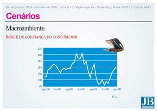Rio de Janeiro, 26 de novembro de 2009 | Ano 118 | Edição especial - Marketing | Desde 1891 | 1ª edição, 6h45


Cenários
Macroambiente
ÍNDICE DE CONFIANÇA DO CONSUMIDOR


                       125

                       120

                       115

                       110

                       105

                       100

                        95
                             ago/06   fev/07   ago/07   fev/08   ago/08   fev/09   ago/09

                                                                                   FGV
 