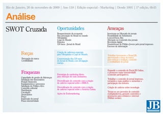 Rio de Janeiro, 26 de novembro de 2009 | Ano 118 | Edição especial - Marketing | Desde 1891 | 1ª edição, 6h45


Análise
SWOT Cruzada                                   Oportunidades                                 Ameaças
                                               Reaquecimento da economia                     Incertezas no Mercado de jornais
                                               Boa percepção do Brasil no mundo              Possibilidade de Substitutos
                                               Olimpíadas                                    Concorrência Alta
                                               Copa do Mundo                                 Alteração no Conteúdo dos jornais
                                               Eleições                                      Revolução digital
                                               120 anos - Jornal do Brasil                   Desinteresse do Público Jovem pelo jornal impresso
                                                                                             Excesso de informação


          Forças                               Criação de cadernos especiais
                                               para Olimpíadas e Copa do Mundo.              Trabalhar fortemente o Brand JB,
           Percepção da marca                  Comemoração dos 120 anos                      aproveitando a força da marca
           Credibilidade                       do Jornal do Brasil, com divulgação           para reforçar a tradição, conteúdo
                                               maciça.                                       e credibilidade do jornal


                                                                                             Expandir o conteúdo do Portal JB Online,
           Fraquezas                           Estratégia de marketing direto
                                                                                             e promover maior interatividade
                                                                                             (conteúdo participativo).
          Capacidade de gestão de lideranças   para obtenção de mais assinantes.
          Satisfação dos funcionários                                                        Trabalhar o conteúdo do jornal impresso,
          Posição financeira                   Diversificação de conteúdo com a criação      tornando-o mais analítico e aumentar a
          Equipamentos e processos             de caderno especial sobre o BRICS.            participação dos leitores.
          Satisfação do Público-Alvo
          Conteúdo editorial                   Diversificação de conteúdo com a criação      Criação de caderno sobre tecnologia
          Distribuição                         de caderno especial sobre a América Latina.
          Circulação                                                                         Tornar-se um provedor de conteúdo
          Anunciantes                          Ações de Endomarketing.                       multiplataforma, gerando conteúdos e
          Preço                                                                              promoções para celulares e internet
          Impressão do jornal                                                                (Mídias sociais).
          Pouca interatividade
 