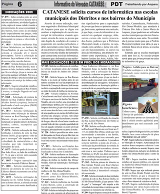 6                                                          PDT Trabalhando por Amparo.
    INDICAÇÕES 2009                          CATANESE solicita cursos de informática nas escolas
Nº. 875 – Indica estudos junto ao setor
competente, desenvolver durante mês a         municipais dos Distritos e nos bairros do Município
mês em cada bairro, atividades ligadas à        Através de nossa indicação, esta-             rias significativas para a capacitação
                                                                                       reirinha, Camanducaia, Pinheirinho,
viola caipira de nossa cidade visando o
                                            mos sugerindo a Prefeitura Municipal       São Dimas/Modelo, que atenderia à
                                                                                              do jovem que busca o primeiro empre-
entretenimento de nossa comunidade e
                                            de Amparo para que se digne em             Chácara São João e Santa Maria do
                                                                                              go, bem como, aprimorar seu currículo,
dos bairros, bem como às atividades
serão especialmente nas praças, onde
                                            analisar a implantação de escola mu-       Amparo, já que poderiam ser utilizadas
                                                                                              já que hoje, o uso da informática é es-
serão mais bem desenvolvidos os shows,      nicipal de informática visando apri-       escolas municipais que não tem funcio-
                                                                                              sencial em qualquer emprego, aliás,
abrangendo às praças e divertindo a         morar, através do curso, os jovens que     nando todas as suas salas. Na verdade,
                                                                                              outros cursos são muito procura-
população.                                  não dispõe de condições de custear o       não é preciso muito para que o Prefeito
                                                                                              dos.Assim, pedimos que a Prefeitura
Nº. 1035 – Solicita melhorias Rua           pagamento em escolas particulares, e       Municipal implante essa idéia, já que a
                                                                                              Municipal estude a respeito, ou seja,
Gilmar Michelazzo, no Jardim São            deles necessitam como meio de busca        estrutura física nós já temos, as escolas
                                                                                              estudo com carinho e, pense em colo-
Dimas/Modelo, já que nos finais de          de seu primeiro emprego. Infelizmente,     nos bairros.
                                                                                              car em funcionamento, os cursos na
semana a situação ali é muito               muitos jovens não dispõe de numerário          Entendo que as escolas municipais
                                                                                              área da informática, em primeiro mo-
preocupante. Talvez a colocação de          para custear uma escola de informática.    estão para isso aí. As escolas podem
                                                                                              mento como experiência, e após nos
redutores faça melhorar a ida e vinda       Sabemos que a informática traz melho-      servir para que jovens possam ter aulas
                                                                                              bairros Jardim das Aves, Adélia, Mo-
de carros pelas ruas dos bairros.
Nº. 1065 – Solicita limpeza do ponto de
                                            MAIS INDICAÇÕES 2010 EM PROL DOS MORADORES de informática de graça.
                                                                    PROL
ônibus da Rua Romeu Daolio, mais o          Nº. 183 - Solicita recolhimento de entulhos       Praça Ludovico Altomani e, na Rua                Projeto:- Asfalto para os Bairros
terreno ao lado, inclusive sobre a caixa    no terreno localizado atrás da Unidade            Benjamim Jorge, no Jardim São Dimas/
                                                                                                                                               O asfalto ecológico e o de borracha,
que fica no abrigo, já que a mesma não      Básica de Saúde do Jardim São Dimas/              Modelo, com a colocação de bancos
                                                                                                                                               utilizando como matéria-prima os
apresenta qualquer utilidade. Por isso, a   Modelo.                                           (assentos) e cobertura nos pontos de ônibus
                                                                                                                                               pneus velhos.
limpeza do abrigo é uma necessidade que     Nº. 205 - Solicita limpeza na Rua Romeu           ao lado da referida praça, já que no local o
os usuários do serviço de ônibus estão      Daolio e no ponto de ônibus além de um            ônibus acaba passando para embarque e
solicitando.                                terreno existente no local de propriedade do      desembarquem de passageiros. Solicitamos
Nº. 1067 – Sugere retirada de entulhos,     Material de Construção Moreira. Solicitamos       também melhorias na iluminação pública e
matos e lixos na calçada da Rua Vitalino    também a capinação do mato que toma conta         construção de um parquinho para as crianças
Lavezzo, a situação flagrada no local       ao redor do ponto de ônibus na mesma rua.         dos bairros do São Dimas/Modelo.
não pode continuar.                         Nº. 206 - Solicita limpeza na Avenida
Nº. 1068 – Solicitação de pintura de        Carlos Baroni com Rua Ludovico Altomani.
trânsito na Rua Ulderico Batoni com         A limpeza nas áreas do Jardim São Dimas/
Alcides Postali (esquina), inclusive        Modelo, devem receber uma prioridade da
sinalizando o local com placa (PARE)        administração pública, por isso, pedimos a                                                         Alguns
e respeite a sinalização.                   limpeza desta área, já que o local que poderia                                                     benefícios:-
Nº. 1073 – Solicita verificação de          servir como área de lazer, com a construção
                                                                                                                                               - Menor custo;
denúncia sobre infestação do número         de uma quadra ou um campo de futebol para
                                            diversão das crianças e jovens, vem sendo
                                                                                                                                               - Serviço de qualidade;
de insetos na Rua Domingos Alberto
                                            utilizado como abrigo de meliantes, usuários      Nº. 250 - Solicita verificação da situação       - Atendimento pronto nas demandas de
Marson, já que os moradores têm
reclamado do grande número de baratas,      de drogas, além de o local estar virando um       da Rua Leonel Mantovani em frente ao             toda à cidade (maior agilidade) para
aranhas, cobras, escorpiões que             grande lixão devido a grande quantidade de        nº. 80, no Jd. São Dimas.                        atendimento que será executado com
aparecem nas casas.                         lixo ali jogado, tornando-se assim um local       Nº. 251 - Solicita verificação sobre o esgoto    qualidade.
Nº. 1074 – Solicita colocação de duas       inseguro, principalmente na parte da noite.       na Rua Leonel Mantovani, em frente ao nº.
                                            Nº. 224 - Solicita providências sobre troca       117, no Jardim São Dimas, sendo que vem          na Rua Lupércio Rodrigues da Silva, no Jardim
lombadas e pintura de solo na Rua
                                            de lâmpadas em frente a Igreja São José, no       incomodando a moradora e sua família,            Modelo, bem como colocação de placa
Romeu Daolio, já que apenas “olho de
                                            Jardim São Dimas/Modelo, uma vez que o            pois a água (esgoto) tem retornado para          “PROIBIDO JOGAR LIXO”.
gato e tartarugas” não impedem a alta
                                            local está escuro e necessitando muito desse      dentro da casa da moradora. A moradora           Nº. 327 - Sugere melhorias no transporte coletivo
velocidade de motocicletas e dos
                                            reparo.                                           solicita também a poda da árvore, e              no Município de Amparo. A preocupação dos
veículos que não respeitam os
                                            Nº. 225 - Solicita verificação dos                verificação da possibilidade de retirada da      usuários destes transportes coletivos é com
moradores do local.
                                            problemas dos caramujos em terreno                mesma, pois segundo a moradora, a árvore         relação a melhorias no assento, limpeza, mais
Nº. 1077 – Solicita poda de árvore na
                                            localizado na Rua José Candelária.                está com a raiz poder. Pedimos que a             horários disponíveis, inclusive nos horários do
Rua João Alves, ao lado da residência
                                            Nº. 239 - Solicita melhorias na iluminação        Prefeitura e o SAAE nos dêem um parecer          Jardim São Dimas/Modelo para o centro da
nº. 71, já que a árvore está causando
                                            pública, bem como, a colocação de melhores        sobre a referida situação para que possamos      cidade.
problemas entre vizinhos.
                                            abrigos de ônibus no Jardim São Dimas/            dar uma solução aos moradores.                   Nº. 332 - Sugere imediata remoção de
Nº. 1087 – Sugere operação tapa
                                            Modelo. Além de manutenção e iluminação           Nº. 263 - Solicita pintura de trânsito na        entulhos de passeio público, em especial
buracos na Avenida Ulderico Batoni.
                                            nas vielas.                                       Rua Alcides Postali com Rua Ulderico             no Jardim São Dimas/Modelo e em outras
Nº. 1088 – Solicita sinalização de
                                            Nº. 240 - Solicita construção de campo de         Batoni, no Jardim São Dimas/Modelo.              localidades de Amparo.
trânsito de pintura de solo na Av.
                                            malha no Jd. São Dimas/Modelo.                    Senhor Prefeito, é lamentável a situação         Nº. 425 - Sugere que seja realizada pintura
Ulderico Batoni cruzamento com a Rua
                                            Nº. 241 - Indica subprefeituras nos               ali encontrada.                                  de solo na Rua Alcides Postali com Rua
Alcides Postali.
                                            bairros como São Dimas/Modelo,                    Nº. 282 - Solicita colocação de duas lombadas    Ulderico Batoni, já que a situação no
Nº. 1099 – Solicita utilização de
                                            Camanducaia e Castelo.                            e pintura de solo na Rua Romeu Daolio, no        cruzamento está muito perigosa, tendo em
máquina na Av. Airton Senna, já que
                                            Nº. 242 - Solicita melhorias na Avenida           Jd. São Dimas/Modelo, já que apenas “olho        vista o fluxo intenso de veículos no local.
com as fortes chuvas, a referida avenida
                                            Carlos Baroni, como a construção de               de gato” e “tartarugas” não impede a alta        Nº. 417 - Sugere a substituição de placas
que é de terra está muito danificada e
                                            calçadas e outros benefícios.                     velocidade de motocicletas e veículos que não    toponímicas em vários locais como Jd.
                                            Nº. 243 - Solicita revitalização das praças nos   respeitam os moradores da referida rua.          São Dimas/Modelo, Jd. Camanducaia,
                                            bairros, ou seja, aumento da arborização da       Nº. 299 - Sugere limpeza e remoção de entulhos   Brasil, Figueira.
 