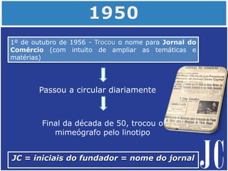 Passou a circular diariamente
JC = iniciais do fundador = nome do jornal
1º de outubro de 1956 - Trocou o nome para Jornal do
Comércio (com intuito de ampliar as temáticas e
matérias)
Final da década de 50, trocou o
mimeógrafo pelo linotipo
 