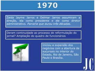 Zaida Jayme Jarros e Delmar Jarros assumiram a
direção, ela como presidente e ele como diretor
administrativo. Parceria que durou três décadas.
Deram continuidade ao processo de reformulação do
jornal? Ampliação do quadro de funcionários
Iniciou a expansão dos
negócios com a abertura de
sucursais no interior do
Estado, Rio de Janeiro, São
Paulo e Brasília.
 