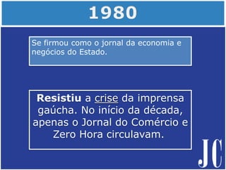 Se firmou como o jornal da economia e
negócios do Estado.
Resistiu a crise da imprensa
gaúcha. No início da década,
apenas o Jornal do Comércio e
Zero Hora circulavam.
 