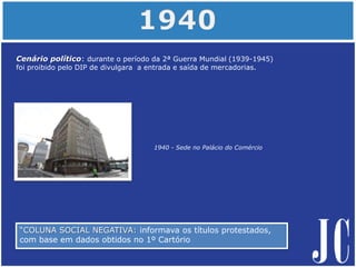Cenário político: durante o período da 2ª Guerra Mundial (1939-1945)
foi proibido pelo DIP de divulgara a entrada e saída de mercadorias.
1940 - Sede no Palácio do Comércio
“COLUNA SOCIAL NEGATIVA: informava os títulos protestados,
com base em dados obtidos no 1º Cartório
 