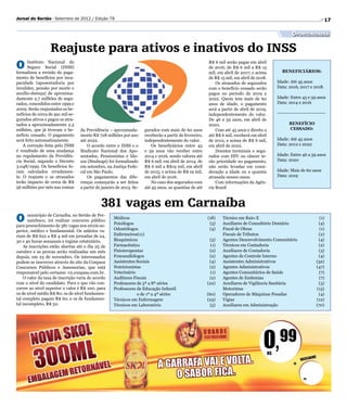 Jornal do Sertão - Setembro de 2012 / Edição 79                                                                                                                         17

                                                                                                                                                    Oportunidades

                  Reajuste para ativos e inativos do INSS
O     Instituto Nacional do
      Seguro Social (INSS)
formalizou a revisão do paga-
                                                                                                         R$ 6 mil serão pagas em abril
                                                                                                         de 2016; de R$ 6 mil a R$ 15
                                                                                                         mil, em abril de 2017; e acima       BENEFICIÁRIOS:
mento de benefícios por inca-                                                                            de R$ 15 mil, em abril de 2018.
pacidade (aposentadoria por                                                                                  Os atrasados de segurados     Idade: Até 45 anos
invalidez, pensão por morte e                                                                            com o benefício cessado serão     Data: 2016, 2017 e 2018.
auxílio-doença) de aproxima-                                                                             pagos no período de 2019 a
damente 2,7 milhões de segu-                                                                             2022. Quem tem mais de 60         Idade: Entre 45 e 59 anos
rados, concedidos entre 1999 e                                                                           anos de idade, o pagamento        Data: 2014 e 2016
2009. Serão reajustados os be-                                                                           será a partir de abril de 2019,
nefícios de cerca de 491 mil se-                                                                         independentemente do valor.       ------------------------------
gurados ativos e pagos os atra-                                                                          De 46 a 59 anos, em abril de
sados a aproximadamente 2,3                                                                              2020.                                    BENEFÍCIO
milhões, que já tiveram o be-      da Previdência – aproximada-       gurados com mais de 60 anos            Com até 45 anos e direito a          CESSADO:
nefício cessado. O pagamento       mente R$ 728 milhões por ano       receberão a partir de fevereiro,   até R$ 6 mil, receberá em abril
será feito automaticamente.        até 2022.                          independentemente do valor.        de 2012, e acima de R$ 6 mil,     Idade: Até 45 anos
    A correção feita pelo INSS         O acordo entre o INSS e o          Os beneficiários entre 45      em abril de 2022.                 Data: 2012 e 2022
é resultado de uma mudança         Sindicato Nacional dos Apo-        e 59 anos vão receber entre            Doentes terminais e segu-
no regulamento da Previdên-        sentados, Pensionistas e Ido-      2014 e 2016, sendo valores até     rados com HIV ou câncer te-       Idade: Entre 46 a 59 anos
cia Social, segundo o Decreto      sos (Sindnapi) foi formalizado     R$ 6 mil, em abril de 2014; de     rão prioridade no pagamento,      Data: 2020
3.048/1999. Os benefícios fo-      em setembro, na Justiça Fede-      R$ 6 mil a R$19 mil, em abril      não serão levadas em consi-
ram calculados erradamen-          ral em São Paulo.                  de 2015; e acima de R$ 19 mil,     deração a idade ou a quantia      Idade: Mais de 60 anos
te. O reajuste e os atrasados          Os pagamentos das dife-        em abril de 2016.                  atrasada nesses casos.            Data: 2019
terão impacto de cerca de R$       renças começarão a ser feitos          No caso dos segurados com          Com informações da Agên-
56 milhões por mês nas contas      a partir de janeiro de 2013. Se-   até 45 anos, as quantias de até    cia Brasil



                                              381 vagas em Carnaíba
O      município de Carnaíba, no Sertão de Per-
       nambuco, irá realizar concurso público
para preenchimento de 381 vagas nos níveis su-
                                                     Médicos	(18)
                                                     Psicólogos	(3)
                                                                                                                Técnico em Raio-X	
                                                                                                                Auxiliares de Consultório Dentário	
                                                                                                                                                       (1)
                                                                                                                                                      (4)
perior, médico e fundamental. Os salários va-        Odontólogos	(4)                                            Fiscal de Obras	                       (1)
riam de R$ 622 a R$ 4 mil em jornadas de 24,         Enfermeiros(11)                                            Fiscais de Tributos	                  (2)
30 e 40 horas semanais e regime estatutário.         Bioquímicos	(3)                                            Agentes Desenvolvimento Comunitário	  (4)
    As inscrições estão abertas até o dia 25 de      Farmacêutico	(1)                                           Técnicos em Contadoria	               (2)
outubro e as provas serão realizadas um mês          Fisioterapeutas	(2)                                        Auxiliares de Contadoria	             (3)
depois, em 25 de novembro. Os interessados           Fonoaudiólogos 	                   (2)                     Agentes de Controle Interno	          (4)
podem se inscrever através do site da Conpass        Assistentes Sociais	               (4)                     Assistentes Administrativos	         (32)
Concursos Públicos e Assessorias, que está           Nutricionistas	(2)                                         Agentes Administrativos	             (47)
responsável pelo certame: v2.conpass.com.br.         Veterinário	(1)                                            Agentes Comunitários de Saúde	        (7)
    O valor da taxa de inscrição varia de acordo     Auditores Fiscais	                 (2)                     Agentes de Endemias	                  (7)
com o nível do candidato. Para o que vão con-        Professores de 5ª a 8ª séries	    (22)                     Auxiliares de Vigilância Sanitária	   (3)
correr ao nível superior o valor é R$ 100; para      Professores  e Educação Infantil
                                                                 d                                              Motoristas	(15)
os de nível médio R$ 80; os de nível fundamen-                   e de 1ª a 4ª séries	  (60)                     Operadores de Máquinas Pesadas	       (4)
tal completo pagam R$ 60, e os de fundamen-          Técnicos em Enfermagem	           (23)                     Vigias	(12)
tal incompleto, R$ 50.                               Técnicos em Laboratório	           (5)                     Auxiliares em Administração	         (70)
 