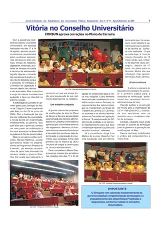7Jornal do Sindicato dos Trabalhadores das Universidades Públicas Estaduais-RJ - Ano II - Nº 11 - Agosto/Setembro de 2007
Com a assistência reple-
ta de servidores, o Conselho
Universitário, em sessões
realizadas nos dias 17 e 24
de agosto, aprovou os posi-
cionamentos reivindicados
pelos auxiliares operacio-
nais, técnicos em artes grá-
ficas, oficiais de zeladoria,
digitadores, motoristas, auxi-
liares de serviços de saúde
e técnicos de eletroencefa-
lografia. Apenas a situação
dos operadores de áudio e ví-
deo não foi debatida, porque
o processo foi entregue à
Comissão de Legislação e
Normas depois dos demais
e não teve relator. Mas o caso ficou
a cargo da mesma comissão para
avaliação e deve ser discutido na
próxima sessão.
A deliberação do Conselho é o pri-
meiro passo para correção do Pla-
no de Cargos e Carreira (aprovado
pela Alerj no dia 29 de junho de
2006). Com a finalização das eta-
pas nas instâncias da universidade,
a minuta deverá ser encaminhada,
imediatamente, ao governo. Isso
quer dizer que, a partir daí, começa
um novo passo de mobilização e
luta para aprovação na Assembléia
Legislativa do Rio de Janeiro (Alerj).
Mas os servidores estão confi-
antes. Marcos Matheus, auxiliar
operacional lotado no Departa-
mento de Programas e Projetos de
Extensão, por exemplo, acompa-
nhou de perto toda discussão da
carreira, desde o governo Rosi-
nha. Ele avalia que está perto o
Vitória no Conselho Universitário
CONSUN aprova correções no Plano de Carreira
momento em que sua antiga fun-
ção será equiparada às que real-
mente desempenha no cotidiano.
Um trabalho conjunto
A grande maioria das propostas
de modificações de texto do Plano
de Cargos e Carreira apresentadas
pela bancada dos técnico-adminis-
trativos no Conselho Universitário foi
aprovada por unanimidade entre os
três segmentos. Membros da ban-
cada docente e estudantil saudaram
a bancada dos servidores pela de-
terminação e organização do movi-
mento, que conseguiu firmar pela
primeira vez na história da UERJ
um plano de cargos e carreira para
os técnico-administrativos.
Para o conselheiro, Alberto Dias,
a presença massiva dos servidores
nas votações dos dias 17 e 24 de
Dia 24/08 - Plenária do CONSUN em votação
FotoAcervoSINTUPERJ
agosto foi fundamental para a vitó-
ria nas votações. Outro elemento
destacado pelo conselheiro foi o tra-
balho conjunto entre o Sintuperj, os
representantes dos setores locais,
que se incorporaram ao Grupo de
Trabalho de Carreira (GT-Carreira),
os docentes e os técnico-adminis-
trativos na Comissão de Legislação
e Norma. “A reestruturação do GT-
Carreira do sindicato é um elemen-
to importantíssimo para que essa
universidade repense sua política de
recursos humanos”, defendeu.
Já o conselheiro Jorge Luis
Mattos de Lemos (Gaúcho) fez
uma saudação aos servidores,
Dia 17/08 - Bancada dos Servidores no CONSUN
Foto Acervo SINTUPERJ
Dia 17/08 - Auxiliares Operacionais assistem à votação
FotoAcervoSINTUPERJ
O Sintuperj vem cobrando insistentemente do
governo estadual a implementação da titulação e o
enquadramento dos Desenhistas Projetistas e
Seguranças, conforme votado no Conselho
Universitário.
lembrando que foi neces-
sário muito trabalho e pa-
ciência para que a bandei-
ra da carreira se tornas-
se uma realidade. “O que
se colhe hoje, é fruto do
mesmo Conselho de 13
meses atrás, que, embai-
xo de algumas vaias, con-
seguiu, depois de 57
anos, um plano para os
técnicos. Muitos dos que
criticavam, hoje, aprovei-
tam de seu fruto”, afirmou.
A luta continua
A vitória no plenário do
Conselho Universitário foi somen-
te o primeiro passo para a
conquista da valorização profis-
sional dos servidores técnico-
administrativos da Uerj.
Visando agilizar a construção
da minuta para a modificação da
Lei nº 4796/2006 (PCC), a banca-
da dos servidores vem se
reunindo com o conselheiro rela-
tor do processo.
Contudo, a batalha maior ainda
está por vir, através da tramitação
junto ao governo e a aprovação das
modificações na Alerj.
Vamos continuar mobilizados
e unidos até conquistarmos a
vitória final.
IMPORTANTE
 