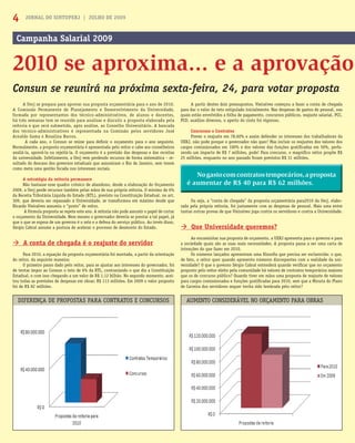JORNAL DO SINTUPERJ | JULHO DE 20094
A Uerj se prepara para aprovar sua proposta orçamentária para o ano de 2010.
A Comissão Permanente de Planejamento e Desenvolvimento da Universidade,
formada por representantes dos técnico-administrativos, de alunos e docentes,
há três semanas tem se reunido para analisar e discutir a proposta elaborada pela
reitoria e que será submetida, após análise, ao Conselho Universitário. A bancada
dos técnico-administrativos é representada na Comissão pelos servidores José
Arnaldo Gama e Rosalina Barros.
A cada ano, o Consun se reúne para deﬁnir o orçamento para o ano seguinte.
Normalmente, a proposta orçamentária é apresentada pelo reitor e cabe aos conselheiros
avaliá-la, aprová-la ou rejeitá-la. O orçamento é a previsão das despesas e das receitas
da universidade. Infelizmente, a Uerj vem perdendo recursos de forma sistemática – re-
sultado do descaso dos governos estaduais que assumiram o Rio de Janeiro, sem terem
como meta uma gestão focada nos interesses sociais.
A estratégia da reitoria permanece
Não bastasse esse quadro crônico de abandono, desde a elaboração do Orçamento
2009, a Uerj perde recursos também pelas mãos de sua própria reitoria. O mínimo de 6%
da Receita Tributária Líquida do Estado (RTL), previsto na Constituição Estadual, no art.
309, que deveria ser repassado à Universidade, se transformou em máximo desde que
Ricardo Vieiralves assumiu o “posto” de reitor.
A fórmula proposta se repete este ano. A reitoria não pode assumir o papel de cortar
o orçamento da Universidade. Nem mesmo o governador deveria se prestar a tal papel, já
que o que se espera de um governo é o zelo e a defesa do serviço público. Ao invés disso,
Sérgio Cabral assume a postura de acelerar o processo de desmonte do Estado.
A conta de chegada é o reajuste do servidor
Para 2010, a equação da proposta orçamentária foi montada, a partir da orientação
do reitor, da seguinte maneira:
O primeiro passo dado pelo reitor, para se ajustar aos interesses do governador, foi
de tentar impor ao Consun o teto de 6% da RTL, contrariando o que diz a Constituição
Estadual, e com isso chegando a um valor de R$ 1,12 bilhão. No segundo momento, acei-
tou todas as previsões de despesas em obras: R$ 113 milhões. Em 2009 o valor proposto
foi de R$ 82 milhões.
Consun se reunirá na próxima sexta-feira, 24, para votar proposta
Campanha Salarial 2009
2010 se aproxima... e a aprovação
A partir destes dois pressupostos, Vieiralves começou a fazer a conta de chegada
para dar o valor do teto estipulado inicialmente. Nas despesas de gastos de pessoal, nas
quais estão envolvidos a folha de pagamento, concursos públicos, reajuste salarial, PCC,
PCD, auxílios diversos, o aperto do cinto foi vigoroso.
Concursos x Contratos
Prever o reajuste em 78,60% e assim defender os interesses dos trabalhadores da
UERJ, não pode porque o governador não quer! Mas incluir os reajustes dos valores dos
cargos comissionados em 100% e dos valores das funções gratiﬁcadas em 50%, perfa-
zendo um impacto de R$ 7 milhões, pode! Para concurso, o magníﬁco reitor propõe R$
25 milhões, enquanto no ano passado foram previstos R$ 31 milhões.
Ou seja, a “conta de chegada” da proposta orçamentária para2010 da Uerj, elabo-
rada pela própria reitoria, foi justamente com as despesas de pessoal. Mais uma entre
tantas outras provas de que Vieiralves joga contra os servidores e contra a Universidade.
Que Universidade queremos?
Ao encaminhar sua proposta de orçamento, a UERJ apresenta para o governo e para
a sociedade quais são as suas reais necessidades. A proposta passa a ser uma carta de
intenções do que fazer em 2010.
Os números lançados apresentam uma ﬁlosoﬁa que precisa ser esclarecida: o que,
de fato, o reitor quer quando apresenta números discrepantes com a realidade da uni-
versidade? O que o governo Sérgio Cabral entenderá quando veriﬁcar que no orçamento
proposto pelo reitor eleito pela comunidade há valores de contratos temporários maiores
que os de concurso público? Quando tiver em mãos uma proposta de reajuste de valores
para cargos comissionados e funções gratiﬁcadas para 2010, sem que a Minuta do Plano
de Carreira dos servidores sequer tenha sido lembrada pelo reitor?
Nogastocomcontratostemporários,aproposta
é aumentar de R$ 40 para R$ 62 milhões.
DIFERENÇA DE PROPOSTAS PARA CONTRATOS E CONCURSOS AUMENTO CONSIDERÁVEL NO ORÇAMENTO PARA OBRAS
JORNAL DO SINTUPERJ | JULHO DE 20094
 