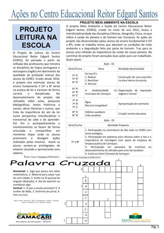 PROJETO MEIO AMBIENTE NA ESCOLA
                                                                                          O projeto Meio Ambiente e Saúde do Centro Educacional Reitor
   PROJETO                                                                                Edgard Santos (CERES), criado no início do ano 2011, busca a
                                                                                          interdisciplinaridade das disciplinas Ciências, Geografia, Física, no que
  LEITURA NA                                                                              refere à saúde do planeta e do homem (ser humano). As ações do
                                                                                          projeto são desenvolvidas pelos alunos do ensino fundamental II (5ª
    ESCOLA                                                                                a 8ª), onde se trabalha temas que abordam as condições do meio
                                                                                          ambiente e a degradação feita por parte do homem. Traz para os
O Projeto de Leitura do Centro                                                            alunos uma reflexão da importância de cuidar do nosso planeta. No
Educacional Reitor Edgard Santos                                                          caminhar do projeto foram pensadas duas ações para ser trabalhado.
(CERES), foi pensado a partir da                                                          Quais sejam:
reflexão dos professores que ministra                                                                                           Ação - 01
as disciplinas da língua portuguesa e                                                       Série/Turma                   Tema              Atividade desenvolvida
estrangeira (inglês) em detrimento da
                                                                                                             Os tres R's:
qualidade da produção textual dos                                                               5ª 'A'
                                                                                                             1. Reduzir                     Construção de uma pracinha
alunos do CERES. Criado desde 2010,                                                             5ª 'B'
                                                                                                             2. Reutilizar                  na área interna da escola.
o projeto visa estimular alunos do                                                              6ª 'A'
                                                                                                             3. Reciclar
ensino fundamenta II (5ª a 8ª série)
na pratica de ler e escrever de forma                                                           6ª 'A'
                                                                                                             A    biodiversidade    no Organização de exposição
                                                                                                6ª 'B'
correta      e       disciplinada.        No                                                                 município de Camaçari.    vegetal e animal
                                                                                                6ª 'C'
desenvolvimento do projeto são
utilizados vídeo aulas, pesquisas                                                               7ª 'A'
                                                                                                             Água
bibliográficas, textos históricos e                                                             7ª 'B'                                      Apresentação de seminário
                                                                                                             Recurso inesgotável
                                                                                                7ª 'C'
sociais, obras literárias e outros, que
trata da importância do ato de ler                                                              8ª 'A'       Hábitos saudáveis
                                                                                                                                            Criação revista educativa
numa perspectiva interdisciplinar e                                                             8ª 'B'       Vida saudável
transversal do sabe e do aprender.                                                                                              Ação - 02
Por fim o acompanhamento e
                                                                                            Série/Turma                            Atividade Proposta
monitoramento se fazem de forma
articulada e compartilhar em                                                                                 1. Participação na culminância do São João no CERES com
momento ímpar onde os alunos                                                                                 tema ecológico;
                                                                                                             2. Participação em palestras e/ou oficinas sobre o lixo e a
promovem e divulgam ações
                                                                                                             importância da reciclagem com apoio da empresa de
realizadas pelos mesmos. Assim os                                                              5ª a 8ª
                                                                                                             limpeza publica de Camaçari;
alunos sentem-se privilegiados de                                                                            3. Participação em passeatas de incentivo ao
estarem atuando e aprimorando seus                                                                           desenvolvimento de atitudes para uma ida saudável.
saberes.                                                                                                     4. Visita ao Horto Florestal de Camaçari.
          Fonte: Coord. Pedagógica/CERES/2011.                                            Fonte: Coord. Pedagógica/CERES/2011
                                                                                                                                            3

                                                                                                                                                               4
                                                                                                         4
Horizontal: 1. Jogo que possui seis lados
matemáticos, 2. Material para calçar ruas
                                                                                                             1
de uma cidade, 3. Verbo na 3ª pessoal do
singular (dedução), 4. Ato de exprimir ou                                                                    E
manifestar algo.
                                                                                                         3 D
Vertical: 1. O que a escola promove? 2. A
mulher de Adão, 3. Sinônimo de jornal, 4.                                                                    U
Tem no circo.
                                                                                                             C
Palavra cruzada - Horizontal: 1. Dado, 2. Paralelepípedo, 3. Deduzir, 4. Expressão.
                                                                                                                                  2
              Vertical: 1. Educação, 2. Eva, 3. Impressa, 4. Palhaço.
                                                                                      2                      A

                                                                                                             Ç

                                                                                                             Ã
                                                                                      1                      O
 