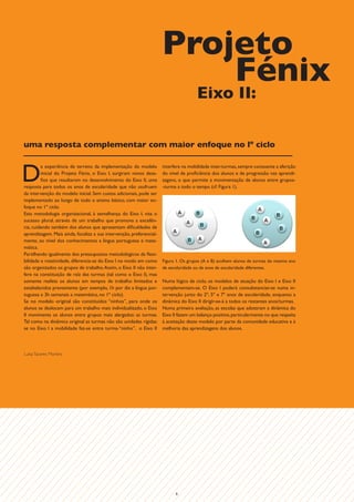 Projeto
                                                                          Fénix
                                                                                       Eixo II:

uma resposta complementar com maior enfoque no lº ciclo



D
         a experiência de terreno da implementação do modelo          interfere na mobilidade inter-turmas, sempre consoante a aferição
         inicial do Projeto Fénix, o Eixo I, surgiram novos desa-     do nível de proficiência dos alunos e de progressão nas aprendi-
         fios que resultaram no desenvolvimento do Eixo II, uma       zagens, o que permite a movimentação de alunos entre grupos-
resposta para todos os anos de escolaridade que não usufruem          -turma a todo o tempo (cf. Figura 1).
da intervenção do modelo inicial. Sem custos adicionais, pode ser
implementado ao longo de todo o ensino básico, com maior en-
foque no 1º ciclo.
Esta metodologia organizacional, à semelhança do Eixo I, visa o
sucesso plural, através de um trabalho que promova a excelên-
cia, cuidando também dos alunos que apresentam dificuldades de
aprendizagem. Mais ainda, focaliza a sua intervenção, preferencial-
mente, ao nível dos conhecimentos a língua portuguesa e mate-
mática.
Partilhando igualmente dos pressupostos metodológicos da flexi-
bilidade e rotatividade, diferencia-se do Eixo I no modo em como      Figura 1. Os grupos (A e B) acolhem alunos de turmas do mesmo ano
são organizados os grupos de trabalho. Assim, o Eixo II não inter-    de escolaridade ou de anos de escolaridade diferentes.
fere na constituição de raíz das turmas (tal como o Eixo I), mas
somente reafeta os alunos em tempos de trabalho limitados e           Numa lógica de ciclo, os modelos de atuação do Eixo I e Eixo II
estabelecidos previamente (por exemplo, 1h por dia a língua por-      complementam-se. O Eixo I poderá consubstanciar-se numa in-
tuguesa e 3h semanais a matemática, no 1º ciclo).                     tervenção junto do 2º, 5º e 7º anos de escolaridade, enquanto a
Se no modelo original são constituídos “ninhos”, para onde os         dinâmica do Eixo II dirigir-se-á a todos os restantes anos/turmas.
alunos se deslocam para um trabalho mais individualizado, o Eixo      Numa primeira avaliação, as escolas que adotaram a dinâmica do
II movimenta os alunos entre grupos mais alargados: as turmas.        Eixo II fazem um balanço positivo, particularmente no que respeita
Tal como na dinâmica original as turmas não são unidades rígidas:     à aceitação deste modelo por parte da comunidade educativa e à
se no Eixo I a mobilidade faz-se entre turma-“ninho”, o Eixo II       melhoria das aprendizagens dos alunos.




Luísa Tavares Moreira




                                                                            6
 