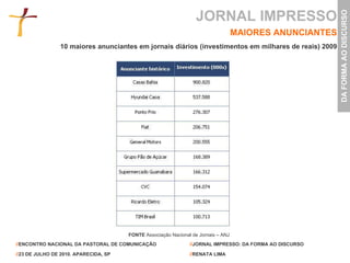 JORNAL IMPRESSO MAIORES ANUNCIANTES 10 maiores anunciantes em jornais diários (investimentos em milhares de reais) 2009 FONTE  Associação Nacional de Jornais – ANJ 