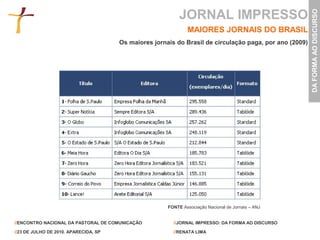 JORNAL IMPRESSO




                                                                                                         DA FORMA AO DISCURSO
                                                               MAIORES JORNAIS DO BRASIL
                                       Os maiores jornais do Brasil de circulação paga, por ano (2009)




                                                       FONTE Associação Nacional de Jornais – ANJ


//ENCONTRO NACIONAL DA PASTORAL DE COMUNICAÇÃO           //JORNAL IMPRESSO: DA FORMA AO DISCURSO

//23 DE JULHO DE 2010. APARECIDA, SP                     //RENATA LIMA
 