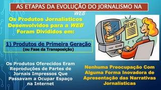 AS ETAPAS DA EVOLUÇÃO DO JORNALISMO NA
WEB
Os Produtos Jornalísticos
Desenvolvidos para a WEB
Foram Divididos em:
1) Produtos de Primeira Geração
(ou Fase da Transposição)
Os Produtos Oferecidos Eram
Reproduções de Partes de
Jornais Impressos Que
Passavam a Ocupar Espaço
na Internet
Nenhuma Preocupação Com
Alguma Forma Inovadora de
Apresentação das Narrativas
Jornalísticas
 