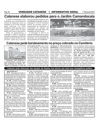 VEREADOR CATANESE INFORMATIVO GERAL 1º Semestre/2013Pág. 04
Catanese elaborou pedidos para o Jardim Camandocaia
O Jardim Camandocaia é uma
localidade que constantemente
carece de melhorias como na
indicação nº 417/13 que munícipe
pede melhorias na Praça
Tiradentes, sendo que esta com o
espelho d’água cheio de água
parada, bem como o mato enorme.
Ainda no Camandocaia a
indicação nº 869/13 moradores
entendem necessária a retirada de
sujeiras de bocas de lobo em vias
do bairro, sendo que o acumulo
vem ocasionando problemas como
à proliferação de baratas e ratos. A
indicação nº 912/13 indicamos
pedido de morador quanto a
necessidade de melhorias na
sinalização de trânsito nas
imediações da escola SESI, nas
imediações da Rua França.
A indicação nº 841/13 foi
sugerido à retirada de terra e sujeira
na ponte do Jardim Camandocaia,
localizada nas proximidades do
Centro Esportivo do Trabalhador.
INDICAÇÕES 2013
Nº. 67 – Colocação de cascalho na
estrada do Bairro Silvestre, atrás do
Cemitério Municipal, terra doada pelos
antepassados dos moradores dos
sítios localizados naquele local.
Nº. 325 – Limpeza nas calçadas,
ruas e canteiros da Av. Itália e Rua
Virgilio S. Mugnai, no Camandocaia.
Nº. 268 – Limpeza, manutenção e
construção de lombada em trecho do
Parque Linear. A indicação nº 316
também trata de limpeza no Parque,
no trecho do Jardim Camandocaia.
Nº 335 – Operação tapa buraco e
gari na Rua Edmur Guimarães
Pinheiro, no JardimAndrea.
Nº 336 - Limpeza e operação
fumacê em loteamento atrás da Rua
Edmur Guimarães Pinheiro. Em
conversa com munícipe, ele relatou
que o Loteamento é dos Cintras, e que
o mato está muito alto e o local está
infestado de pernilongos e outros
bichos.
Nº 337 – Abertura na Rua Edmur
Guimarães Pinheiro, já que esta é uma
via sem saída.
Av. Itália, no Camandocaia.
N° 410 - Providências visando à
manutenção adequada da Praça
Tiradentes, no Jardim Camandocala,
sendo elas as trocas das lâmpadas
queimadas nos postes da praça e a
substituição dos vidros protetores, pois
algunsestãoquebrados,podendoviracair
e machucar alguém e também a limpeza
eamanutençãodosbrinquedos(poucos
aliás) e a limpeza na área ao redor.
Nº 491 – Melhorias na capitação de
água nas Ruas Hungria, Alemanha e
França.
Nº 573 – Providências no sentido de
solucionar os problemas das galerias
nas Ruas Hungria e na Rua França, na
altura dos números 54 a 74, no Jardim
Camandocaia.
Nº 622 – Solicita contratação de
equipe de limpeza para atender os
Bairros Bosque dos Eucaliptos, Santa
Maria do Amparo, dos Jardins São
Dimas e Modelo, áreas do Jardim Brasil
e Camandocaia.
Nº 633 – Melhorias na estrada do
Barreiro que dá acesso ao Jardim
Flamboyant.
Nº 635 – Indica construção de muro
e calçada na Rua Rio Jordão, em todo
o trecho nas proximidades da rodovia
Avenida Waldir Beira.
Nº 645 – sugere construção de um
ponto de ônibus perto do supermercado
Antonelli, perto da Praça Paul Percy
Harris, uma vez que, muitos estudantes
esperam os ônibus no local e o trecho
é muito escuro.
Nº 684 – Solicita limpeza na Praça
do Jardim Figueira, operação tapa
buraco e a troca de iluminação na Rua
Rio Nilo com a esquina da Rua Rio
Jordão.
Nº 685 - Indica “operação tapa
buraco” no começo da Rua Sebastião
Gonçalves Cruz, bem como mais
segurança para a PraçaAtílio Piffer.
Nº 700 – Limpeza de mato em
canteiros de calçadas na Rua Ermelino
Armelini, perto da padaria do Alemão.
Nº 707 - Indica limpeza na área
pública localizada na Rua Rio Tamisa,
no Figueira.
Nº 708 - Indica poda de árvores e
limpeza no canteiro central na Rua das
Antilhas, no América.
Nº 859 – Providências para
colocação de sinalização “PARE” no
cruzamento da RuaAlemanha (próxima
a escola SESI), pois o local se encontra
muito perigoso devido às altas
velocidades dos veículos que por ali
trafegam.
Nº 1037 - Cascalho na estrada
municipal do Bairro do Silvestre (atrás
do Cemitério), terra doada pelos
antepassados dos moradores dos
sítios localizados naquele local.
Nº 1038 – Indica rondas noturnas
no Cemitério Municipal pela Guarda
Civil Municipal, principalmente nos
finais de semana.
REQUERIMENTO2013
Nº 307 – Solicita informações
sobre o Cemitério Municipal, sua
ampliação e solução de alguns
problemas. O que a Municipalidade
tem feito para solucionar o problema
da falta de espaço físico quanto à
disponibilidade de jazigos? Estuda-se
alguma ampliação ou a compra de
outras áreas no entorno do cemitério?
Estuda-se a verticalização ou outro
tipo de ampliação? Sobre a tabela de
preços, ou seja, a tabela de serviços
prestados não há como reduzir os
valores cobrados quanto à construção
de jazigos, sua reforma e sobre a
quilometragem gasta com o serviço de
busca de falecidos?
Nº 339 - Indica limpeza e recolhi-
mento de lixo na praça localizada na
ultrapasse a 500 (quinhentos)
Quilômetros, e, ainda, dependendo
das condições materiais a juízo da
Administração, o correspondente
traslado ocorrerá sem a cobrança do
preço público correspondente.” -
nosso grifo , diz o vereador.
Atualmente, o veículo movido a
Diesel, de sorte que tal ação propicia
ao Município significativa economia.
Deste ponto de vista, e com o
objetivo de conferir à todos os que
estejam impossibilitados de fazer
23 de agosto de 2011, para consti-
tuir nova redação, nos seguintes
termos: “Nota 6: No caso do contri-
buinte sobre o qual estiver lançada
a nota de serviço funerário ser
pessoa reconhecidamente pobre,
condições essas atestadas pela
municipalidade através de protocolo
mediante pertinente processo
administrativo e desde que o
percurso de ida e volta, considerado
o local onde se encontra o corpo e
a sede da Funerária Municipal, não
Catanese está pedindo a
municipalidade, estudo reais
para mudança da Tabela “D”,
“Nota 6” do Decreto nº 4.193, de
face às despesas dessa natureza,
é que sugerimos a Vossa Excelência
a alteração da redação da Tabela
“D”, “Nota 6” do Decreto nº 4.193,
de23 de agosto de 2011, para
alterar a distância hoje prevista de
“300 KM” para “500 KM”.
Vislumbra-se presente, portanto, o
interesse público, justificando-se a
ação de sua Excelência, o Prefeito
Municipal, para determinar a
alteração de redação pretendida,
justifica o Vereador Catanese.
Catanese pede barateamento no preço cobrado no Cemitério
Catanese pede efetivação das equipes de limpeza nos bairros que trará uma conseqüência positiva
 