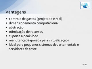 controle de gastos (projetado e real)dimensionamento computacionalabstraçãootimização de recursossuporte a peak-loadmanutenção (apoiada pela virtualização)ideal para pequenos sistemas departamentais e servidores de testeVantagens21 - 33