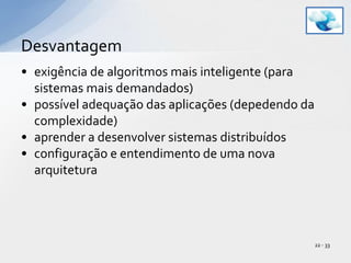 exigência de algoritmos mais inteligente (para sistemas mais demandados)possível adequação das aplicações (depedendo da complexidade)aprender a desenvolver sistemas distribuídosconfiguração e entendimento de uma nova arquiteturaDesvantagem22 - 33
