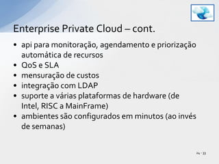 api para monitoração, agendamento e priorização automática de recursosQoS e SLAmensuração de custosintegração com LDAPsuporte a várias plataformas de hardware (de Intel, RISC a MainFrame)ambientes são configurados em minutos (ao invés de semanas)Enterprise Private Cloud – cont.24 - 33