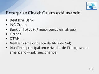 Deutsche BankING GroupBank of Tokyo (9º maior banco em ativos)OrangeOTANNedBank (maior banco da Áfria do Sul)ManTech: principal terceirizados de TI do governo americano (~10k funcionários)Enterprise Cloud: Quem está usando27 - 33