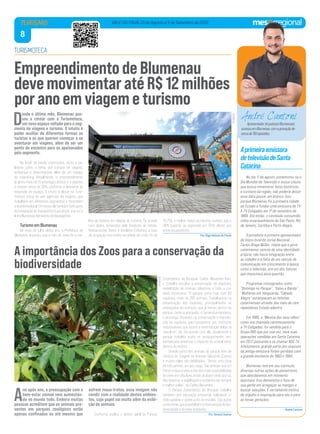 8
VALE DO ITAJAÍ, 20 de Agosto a 5 de Setembro de 2022
TURISMO
No dia 11 de agosto comemorou-se o
Dia Mundial da Televisão e nossa coluna
que busca rememorar fatos históricos
e curiosos da região, não poderia deixar
essa data passar em branco. Isso
porque Blumenau foi a primeira cidade
do Estado a fundar uma emissora de TV:
A TV Coligadas em 1º de setembro de
1969. Até então, o conteúdo consumido
vinha invariavelmente de São Paulo, Rio
de Janeiro, Curitiba e Porto Alegre.
O jornalista e primeiro apresentador
do bloco local do Jornal Nacional,
Carlos Braga Müller, relata que o povo
catarinense carecia de uma identidade
própria, não havia integração entre
as cidades e a falta de um veículo de
comunicação em crescimento à época,
como a televisão, era um dos fatores
que impactava essa questão.
Programas consagrados como
“Domingo no Parque”, “Salve a Banda”,
“Mulheres em Vanguarda, “Sábado
Alegre” estampavam as telinhas
catarinenses através das mais de cem
repetidoras Estado adentro.
Em 1980, a “Menina dos seus olhos”
como era chamada carinhosamente
a TV Coligadas, foi vendida para o
Grupo RBS que por sua vez, teve suas
operações vendidas em Santa Catarina
em 2017 passando a se chamar NSC TV.
Infelizmente, grande parte dos arquivos
da antiga emissora foram perdidos com
a grande enchente de 1983 e 1984.
Blumenau tem em seu currículo,
diversas outras ações de pioneirismo,
que abordaremos em momento
oportuno. Isso demonstra o foco de
sua gente em arregaçar as mangas e
buscar soluções. É certamente motivo
de orgulho e inspiração para nós e para
as novas gerações.
André Cantoni
Aprimeiraemissora
detelevisãodeSanta
Catarina
D
esde o último mês, Blumenau pas-
sou a contar com a Turismoteca,
um novo espaço voltado para o seg-
mento de viagens e turismo. O intuito é
poder auxiliar de diferentes formas os
turistas e os que querem começar a se
aventurar em viagens, além de ser um
ponto de encontro para os apaixonados
pelo segmento.
No local, há desde orientações, dicas e pa-
lestras sobre o tema, até compra de viagens,
embarque e desembarque, além de um espaço
de coworking. Inicialmente, o empreendimento
já gerou mais de 15 empregos diretos e o objetivo
é crescer cerca de 30% conforme a demanda de
expansão do espaço. O intuito é alocar na Turis-
moteca cerca de seis agências de viagens, que
trabalhem em diferentes segmentos e fomentem
a economia local. Em breve ela também fará parte
da integração da Transportes Executivos, que faz a
linha Blumenau-Aeroporto de Navegantes.
Turismo em Blumenau
No início de julho deste ano, a Prefeitura de
Blumenau anunciou que o mês de maio foi o me-
lhor da história em relação ao turismo. De acordo
com dados fornecidos pelo Sindicato de Hotéis,
Restaurantes, Bares e Similares (Sihorbs), a taxa
de ocupação dos hotéis na cidade em maio foi de
70,71%, o melhor índice da história, número que é
36% superior ao registrado em 2019, último ano
antes da pandemia.
Por Olga Helena de Paula
A
no após ano, a preocupação com o
bem-estar animal vem aumentan-
do no mundo todo. Embora muitas
pessoas acreditem que os animais pre-
sentes em parques zoológicos estão
apenas conﬁnados ou até mesmo que
sofrem maus-tratos, essa imagem não
condiz com a realidade destes ambien-
tes, cujo papel vai muito além da exibi-
ção de animais.
Conforme explica o diretor geral do Parque
Zoobotânico de Brusque, Carlos Alexandre Reis,
o trabalho envolve a preservação de espécies,
reabilitação de animais silvestres e todo o cui-
dado necessário. “O parque conta hoje com 80
espécies, mais de 290 animais. Trabalhamos na
preservação das espécies, principalmente as
ameaçadas de extinção, que já temos dentro do
parque, como a ararajuba, o tamanduá-bandeira,
a jacutinga. Atuamos na conservação e reprodu-
ção de espécies para enviarmos aos institutos
responsáveis, que fazem a reintrodução delas na
vida livre”, diz. De acordo com ele, atualmente o
parque trabalha muito no enriquecimento am-
biental para amenizar o impacto do animal estar
dentro do recinto.
Grande parte dos animais do parque vêm de
Centros de Triagem de Animais Silvestres (Cetas)
e muitos deles são debilitados. “Temos uma cotia
de três pernas, um jacu cego. São animais que so-
freram maus-tratos e não têm mais a possibilidade
de viver em vida livre, então acabam vindo pra cá.
Nós fazemos a reabilitação e tentamos dar sempre
o melhor a eles”, diz Carlos Alexandre.
O Parque Zoobotânico de Brusque trabalha
também com educação ambiental, realizando vi-
sitas guiadas e ações junto às escolas. São ações
como estas que possibilitam a manutenção da bio-
diversidade e do meio ambiente.
Por Tamara Sedrez
TURISMOTECA
EmpreendimentodeBlumenau
deve movimentaratéR$12milhões
por anoemviagemeturismo
A importância dos Zoos para a conservação da
biodiversidade
Divulgação
Divulgação
ApresentadordopodcastBlumencast,
sucessoemBlumenau,comagravaçãode
cercade150episódios.
André Cantoni
 