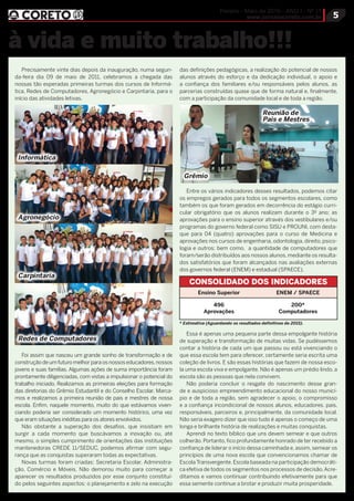 5
Pereiro - Maio de 2016 - ANO I - Nº 11
www.jornalocoreto.com.br
à vida e muito trabalho!!!
Precisamente vinte dias depois da inauguração, numa segun-
da-feira dia 09 de maio de 2011, celebramos a chegada das
nossas tão esperadas primeiras turmas dos cursos de Informá-
tica, Redes de Computadores, Agronegócio e Carpintaria, para o
início das atividades letivas.
Foi assim que nasceu um grande sonho de transformação e de
construção deumfuturo melhorparaosnossoseducadores,nossos
jovens e suas famílias. Algumas ações de suma importância foram
prontamente diligenciadas, com vistas a impulsionar o potencial do
trabalho iniciado. Realizamos as primeiras eleições para formação
das diretorias do Grêmio Estudantil e do Conselho Escolar. Marca-
mos e realizamos a primeira reunião de pais e mestres de nossa
escola. Enfim, naquele momento, muito do que estávamos viven-
ciando poderia ser considerado um momento histórico, uma vez
que eram situações inéditas para os atores envolvidos.
Não obstante a superação dos desafios, que insistiam em
surgir a cada momento que buscávamos a inovação ou, até
mesmo, o simples cumprimento de orientações das instituições
mantenedoras CREDE 11/SEDUC, podemos afirmar com segu-
rança que as conquistas superaram todas as expectativas.
Novas turmas foram criadas: Secretaria Escolar, Administra-
ção, Comércio e Móveis. Não demorou muito para começar a
aparecer os resultados produzidos por esse conjunto constituí-
do pelos seguintes aspectos: o planejamento e zelo na execução
das definições pedagógicas, a realização do potencial de nossos
alunos através do esforço e da dedicação individual, o apoio e
a confiança dos familiares e/ou responsáveis pelos alunos, as
parcerias construídas quase que de forma natural e, finalmente,
com a participação da comunidade local e de toda a região.
Entre os vários indicadores desses resultados, podemos citar
os empregos gerados para todos os segmentos escolares, como
também os que foram gerados em decorrência do estágio curri-
cular obrigatório que os alunos realizam durante o 3º ano; as
aprovações para o ensino superior através dos vestibulares e/ou
programas do governo federal como SISU e PROUNI, com desta-
que para 04 (quatro) aprovações para o curso de Medicina e
aprovações nos cursos de engenharia, odontologia, direito, psico-
logia e outros; bem como, a quantidade de computadores que
foram/serão distribuídos aos nossos alunos, mediante os resulta-
dos satisfatórios que foram alcançados nas avaliações externas
dos governos federal (ENEM) e estadual (SPAECE).
Essa é apenas uma pequena parte dessa empolgante história
de superação e transformação de muitas vidas. Se pudéssemos
contar a história de cada um que passou ou está vivenciando o
que essa escola tem para oferecer, certamente seria escrita uma
coleção de livros. E são essas histórias que fazem de nossa esco-
la uma escola viva e empolgante. Não é apenas um prédio lindo, a
escola são as pessoas que nela convivem.
Não poderia concluir o resgate do nascimento desse gran-
de e auspicioso empreendimento educacional do nosso municí-
pio e de toda a região, sem agradecer o apoio, o compromisso
e a confiança incondicional de nossos alunos, educadores, pais,
responsáveis, parceiros e, principalmente, da comunidade local.
Não seria exagero dizer que isso tudo é apenas o começo de uma
longa e brilhante história de realizações e muitas conquistas.
Aprendi no texto bíblico que uns devem semear e que outros
colherão. Portanto, fico profundamente honrado de ter recebido a
confiança de liderar o início dessa caminhada e, assim, semear os
princípios de uma nova escola que convencionamos chamar de
Escola Transvergente. Escola baseada na participação democráti-
ca efetiva de todos os segmentos nos processos de decisão.Acre-
ditamos e vamos continuar contribuindo efetivamente para que
essa semente continue a brotar e produzir muita prosperidade.
* Estimativa (Aguardando os resultados definitivos de 2015).
CONSOLIDADO DOS INDICADORES
Ensino Superior
496
Aprovações
ENEM / SPAECE
200*
Computadores
Informática
Agronegócio
Carpintaria
Redes de Computadores
Grêmio
Reunião de
Pais e Mestres
 