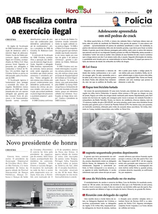 Criciúma, 27 de abril de 2012 l Sexta-feira                09

OAB fiscaliza contra                                                                                                                                                     Polícia                João Zanini


 o exercício ilegal                                                                                                               Adolescente apreendida
                                                                                                                                  om mil pedras de crack
CRICIÚMA                         identificamos casos de pes-        que os fiscais da Ordem Ca-
                                 soas não credenciadas para         tarinense estarão constante-              Na última quarta-feira, às 21h30, a viatura dos soldados Edno e Sant’anna obteve mais um
                                 defendê-las judicialmente e        mente na região coibindo es-           êxito, além da prisão do assaltante do Pinheirinho. Uma garota de apenas 14 anos estava com
   Os órgãos de fiscalização     até de estelionatários”, afir-     tas práticas ilegais. “A OAB e         - pasmem - aproximadamente mil pedras de substância semelhante a crack. Na realidade, as
da OAB intensificaram a apu-     ma o presidente da OAB de          a Polícia Civil estão empenha-         pedras não estavam embaladas, tinha uma de tamanho grande, o que daria para fazer as tantas
ração de denúncias sobre o       Criciúma, Dr. Robinson Conti       dos para garantir que nenhum           citadas. A garota, que já tem diversas passagens pela polícia, assim como os outros três menores
exercício ilegal da advocacia.   Kraemer.                           cidadão seja lesado novamen-           que estavam com ela na rua Imigrante Zanette, próximo ao trilho do Pinheirinho, tentou esconder a
Ontem, fiscais da Ordem per-        A comissão de fiscalização      te em nossa região por esse            verdadeira “rocha” de crack no soutien. Uma soldado do sexo feminino foi até o local e constatou
correram alguns escritórios      da OAB Criciúma acompa-            tipo de gente e de práticas            que a droga estava com ela. E um número muito alto, e assusta. Segundo informações da menina,
ilegais em Criciúma, acompa-     nhou a apuração das denún-         criminosas”, garante o pre-            a quantidade seria levada para ser comercializada no bairro Renascer. O papel que exerce é o
nhados da Polícia Civil. Duas    cias de exercício ilegal da pro-   sidente da Ordem, Robinson             típico de menores de idade: de aviãozinho do tráfico de drogas.
pessoas foram flagradas se       fissão. Segundo o advogado         Kraemer.
passando por advogados e         Fábio Jeremias, representante         A OAB Criciúma está reu-            m Lei fraca
conduzidas à Central de Po-      da comissão, muitas pessoas        nindo informações e na próxi-
lícia. Um escritório ilegal de   estão sendo enganadas por          ma semana protocola ao me-                Enquanto a lei relacionada a menores de            têm o poder para mudar o código penal, fo-
Criciúma fechou as portas no     escritórios que dizem prestar      nos três notícias-crimes junto         idade não mudar, continuaremos a ver a polí-          ram eleitos pelo povo brasileiro. Então, me di-
mês passado, após a fiscaliza-   assessoria e consultoria jurí-     ao Grupo de Atuação Especial           cia enxugar gelo. Ou seja, apreender, para a          gam: adianta jogar a culpa só para cima deles,
ção da OAB.                      dica. “Falsos advogados di-        de Combate ao Crime Organi-            lei soltar (e lei, e não o juiz, como muitos gostam   e isentar a população? Não. Vamos em frente,
   “A fiscalização rigorosa é    zem orientar seus clientes sem     zado (Gaeco). “Já existe, in-          de dizer). Porém, não adianta ficar reclaman-         sonhando com uma mudança que parece se
fundamental para proteger        possuir credenciamento para        clusive, uma ação protocolada          do, uma vez que os políticos de Brasília, que         distanciar a cada dia.
a sociedade dos falsos ad-       defendê-los juridicamente. A       pela OAB/SC na Justiça Fede-
vogados. Recebemos muitas        maioria das vítimas são pes-       ral que busca o fechamento de          m Rapaz tem bicicleta furtada
pessoas na OAB que foram         soas simples, com pouca ins-       uma rede instalada no Estado
prejudicadas por um suposto      trução, que acabam perdendo        inteiro, graças aos elementos            Um jovem de aproximadamente 23 anos teria furtado uma bicicleta de outro homem, na
advogado que garantiu que        os prazos legais dos processos     colhidos nas rotineiras fisca-         região do trilho, bairro Pinheirinho. A suposta vítima acionou a PM que, ao chegar na casa
elas estavam livres de pro-      e acumulam prejuízos”, apon-       lizações ao longo desse tem-           do jovem, flagrou um tráfico de drogas sendo realizado pelo mesmo. Rapidamente, pelo fácil
cessos e de financiamentos.      ta Jeremias.                       po”, finaliza o presidente da          acesso dos barracos da região, ele conseguiu pular muros e escapar do soldado Everaldo e
Quando vamos consultar              A OAB Criciúma confirmou        OAB Criciúma.                          companheiro de Rádio Patrulha. Porém, no interior da residência, diversos objetos, mais de
                                                                                                           10 celulares, bujões de gás e R$ 620,00 em notas picadas, assim como cinco bicicletas foram
                                                                                       DIVULGAÇÃO / HSul   levadas pelo guincho para a Central de Plantão Policial (CPP). Na mesma casa, ano passado,
                                                                                                           um homicídio aconteceu, efetuado pelo irmão do acusado dessa ocorrência. Tal irmão, inter-
                                                                                                           nado no Casep, também esquartejou uma mulher no Peixe-frito.




Organizador, Júlio Lopes, fez o convite ao presidente da Acic para a quarta edição de festival



Novo presidente de honra
CRICIÚMA                         de Criciúma (Festinfolc).          a 15 de setembro, dentro
                                 O convite foi feito pelo           da Festa das Etnias. A                 m suposta sequestrada prestou depoimento
                                 presidente da organiza-            quarta edição do evento
  Convite feito, convite         ção do evento, Júlio César         já conta com inscrições                   A garota que teria permanecido em cati-            xonado afirmava que estava fazendo aquilo
aceito. O presidente da          Lopes, acompanhado dos             de países como Turquia,                veiro durante cinco dias, na semana passa-            porque a amava, e ela não queria ficar com
Associação Empresarial           membros da comissão,               Portugal, Itália, Espanha              da, prestou depoimento ontem ao delegado              ele. Chegaram a pedir R$ 5 mil de resgate,
de Criciúma (Acic), Olva-        Arilton Amador, Sirlei             e quase todos os países                Márcio Neves, da delegacia da Criança e               existe uma gravação que comprova e já foi
cir Bez Fontana, é o novo        Chaves e Luciana Borges.           da América do Sul, além                Adolescente. Segundo a autoridade po-                 ouvida pelo delegado. As investigações dos
presidente de honra da           O encontro foi realizado           de 13 estados brasileiros.             licial, os fatos começaram a se encaixar, e           reais motivos serão feitas e, quando presos,
quarta edição do Festival        na sede da Acic e aceito           As inscrições encerram                 os agentes já estão identificados. A versão           os homens deverão responder, se confirmado
Inter nacional de Danças         pelo empresário esta se-           no dia 30 de maio. Mais                adiantada aqui pela coluna de que um apai-            for, por seqüestro.
Folclóricas, Danças Ur-          mana. Este ano, o Festin-          informações no site w w w.
banas e Danças de Salão          folc será realizado de 11          festivalfolclorecri.com.br.
                                                                                                           m casa da bicicleta assaltada no rio maina
                                                                                                              O estabelecimento de vendas e concertos de Bikes, Casa da Bicicleta, foi assaltado exata-
                                                                                                           mente às 18h de ontem. Um homem, de bicicleta (e olha que o do Pinheirinho já está preso),
                                                                                                           invadiu o local e anunciou a ação. E não era concertar sua bicicleta velha que ele queria. Rou-
                                                                                                           bou uma quantia em dinheiro e fugiu na direção do bairro Wosocris, na grande Rio Maina.


                                                                                                           m Reunião com delegado da capital
                                                                                                             Uma reunião durou a tarde inteira de on-            a situação para estreitar relações entre o
                                                                                                           tem, na Delegacia Regional de Criciúma, e             Instituto Geral de Perícias (IGP) e os dele-
                                                                                                           envolveu praticamente todos os delegados              gados de Polícia Civil. Algumas estratégias
                                                                                                           da região. O Dr. Arthur Nitz, responsável pe-         conjuntas foram traçadas e os frutos devem
                                                                                                           las delegacias do litoral do estado, realizou         ser colhidos em breve.
 
