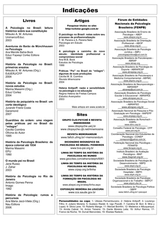 Indicações
             Livros                                   Artigos                                  Fórum de Entidades
                                                                                              Nacionais da Psicologia
                                               Pesquisar títulos no site:
A Psicologia no Brasil: leitura               http://scholar.google.com.br
                                                                                                Brasileira (FENPB)
histórica sobre sua constituição                                                              Associação Brasileira de Ensino de
Mitsuko A. M. Antunes                   O psicólogo no Brasil: notas sobre seu                       Psicologia – ABEP
Unimarco/Educ.                          processo de profissionalização                                 www.abepsi.org.br
2003                                    F. M. Pereira e A. Pereira Neto                      Associação Brasileira de Orientação
                                        Psicologia em Estudo                                        Profissional – ABOP
Aventuras do Barão de Münchhausen       2003                                                            www.abop.org.br
na Psicologia                                                                                Associação Brasileira de Psicologia
Ana Mercês Bahia Bock                   A psicologia a caminho do novo                               Jurídica – ABPJ
Educ/ Fapesp/ Cortez Editora            século: identidade profissional e                        psicologiajuridica@uol.com.br
                                        compromisso social
1999                                                                                       Associação Brasileira de Psicoterapias -
                                        Ana M.B. Bock                                                     ABRAP
                                        Estudos de Psicologia                                           www.abrap.org
História da Psicologia no Brasil:       1999
primeiros ensaios                                                                           Associação Brasileira de Psicologia do
Mitsuko A. M. Antunes (Org.)                                                                       Esporte - ABRAPESP
                                        Práticas “Psi” no Brasil do “milagre”:                       www.abrapesp.org.br
EdUERJ/CFP                              algumas de suas produções
                                        Cecília M. B. Coimbra                              Associação Brasileira de Psicoterapia e
2004
                                        Revista Mnemosine                                   Medicina Comportamental - ABPMC
                                                                                                       www.abpmc.org.br
História da Psicologia no Brasil:       2004
                                                                                          Associação Brasileira de Neuropsicologia -
novos estudos                                                                                           ABRANEP
                                        Helena Antipoff: razão e sensibilidade
Marina Massimi (Org.)                                                                                 abranep@uol.com.br
                                        na psicologia e na educação
Educ/ Cortez                            Regina Helena de Freitas Campos                      Associação Brasileira de Psicologia
2004                                    Estudos Avançados                                    Escolar e Educacional - ABRAPEE
                                                                                                      www.abrapee.psc.br
                                        2003
História da psiquiatria no Brasil: um                                                     Associação Brasileira de Psicologia Social
corte ideológico                                                                                        - ABRAPSO
Jurandir Freire Costa                               Mais artigos em www.scielo.br                    www.abrapso.org.br
Garamond                                                                                   Associação Nacional de Pesquisa e Pós-
2007                                                     Sites                               Graduação em Psicologia - ANPEPP
                                                                                                      www.anpepp.org.br

Guardiões da ordem: uma viagem             GRUPO CLIO-PSYCHÉ E REVISTA                       Associação Brasileira de Rorschach -
                                                  MNEMONSINE                                               ASBRo
pelas práticas psi no Brasil do                                                                         www.sbro.usp.br
“milagre”                                     www.cliopsyche.uerj.br
                                                                                            Conselho Federal de Psicologia - CFP
Cecília Coimbra                          www.cliopsyche.cjb.net/mnemosine                                www.pol.org.br
Oficina do Autor                               REVISTA MEMORANDUM                         Coordenação Nacional dos Estudantes de
1995                                                                                               Psicologia - CONEP
                                         www.fafich.ufmg.br/~memorandum
                                                                                                   conepcom@yahoo.com.br
História da Psicologia Brasileira: da      DICIONÁRIO BIOGRÁFICO DA                          Federação Nacional dos Psicólogos -
época colonial até 1934                 PSICOLOGIA NO BRASIL: PIONEIROS                                  FENAPSI
Marina Massimi                                     www.bvs-psi.org.br                                 www.fenapsi.org.br
EPU                                      LINHA DO TEMPO DA HISTÓRIA DA
                                                                                                Instituto Brasileiro de Avaliação
1990                                                                                                    Psicológica - IBAP
                                             PSICOLOGIA NO MUNDO
                                                                                                     www.ibapnet.org.br
                                        www.geocities.com/athens/delphi/6061
O mundo psi no Brasil                                                                       Sociedade Brasileira de Psicologia do
Jane Russo                               LINHA DO TEMPO DA HISTÓRIA DA                           Desenvolvimento - SBPD
                                             PSICOLOGIA NO BRASIL                                       www.sbpd.org.br
J. Zahar
2003                                            www.crpsp.org.br/linha                        Sociedade Brasileira de Psicologia
                                                                                                     Hospitalar - SBPH
                                                                                                        www.sbph.org.br
História da Psicologia no Rio de         LINHA DO TEMPO DA HISTÓRIA DA
                                          FORMAÇÃO EM PSICOLOGIA NO                           Sociedade Brasileira de Psicologia
Janeiro                                                                                     Organizacional e do Trabalho - SBPOT
Antonio Gomes Penna                                 BRASIL
                                                                                                       www.sbpot.ufsc.br
Imago                                      www.abepsi.org.br/abep/linha.aspx
                                                                                          Sociedade Brasileira de Psicologia Política
1992                                     EXPOSIÇÃO MEMÓRIA DA LOUCURA                                      - SBPP
                                                 www.ccs.saude.gov.br                            www.fafich.ufmg.br/~psicopol
História da Psicologia: rumos e
percursos
Ana Maria Jacó-Vilela (Org.)            Personalidades na capa: 1- Ulisses Pernambucano; 2- Helena Antipoff; 3- Lourenço
Nau Editora                             Filho; 4- Juliano Moreira; 5- Gustavo Riedel; 6- Ugo Pizzolli; 7- Carolina M. Bori; 8- Mira y
2006.                                   Lopez; 9- Silvia Lane; 10- Roberto Mange; 11- Manoel Bomfim; 12- Medeiros e Albuquerque;
                                        13- Annita Cabral; 14- Anísio Teixeira; 15- Dante Moreira Leite; 16- Arthur Ramos; 17-
                                        Franco da Rocha; 18- Durval Marcondes; 19- Waclaw Radecki.
 
