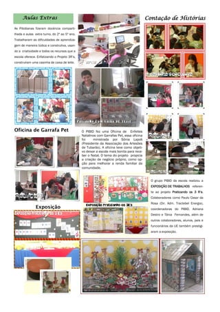 As Pibidianas fizeram docência comparti-
lhada e aulas extra turno, do 2º ao 5º ano.
Trabalharam as dificuldades de aprendiza-
gem de maneira lúdica e construtiva, usan-
do a criatividade e todos os recursos que a
escola oferece. Enfatizando o Projeto 3R’s,
construíram uma casinha de caixa de leite.
Aulas Extras
Oficina de Garrafa Pet O PIBID fez uma Oficina de Enfeites
Natalinos com Garrafas Pet, essa oficina
foi ministrada por Sônia Lapoli
(Presidente da Associação dos Artesões
de Tubarão). A oficina teve como objeti-
vo deixar a escola mais bonita para rece-
ber o Natal. O tema do projeto propicia
a criação de negócio próprio, como op-
ção para melhorar a renda familiar da
comunidade.
O grupo PIBID da escola realizou a
EXPOSIÇÃO DE TRABALHOS referen-
te ao projeto Praticando os 3 R’s.
Colaboradores como Paulo Cesar da
Rosa (Dir. Adm. Tractebel Energia),
coordenadoras do PIBID, Adriana
Destro e Tânia Fernandes, além de
outros colaboradores, alunos, pais e
funcionários da UE também prestigi-
aram a exposição.
Exposição
Contação de Histórias
 