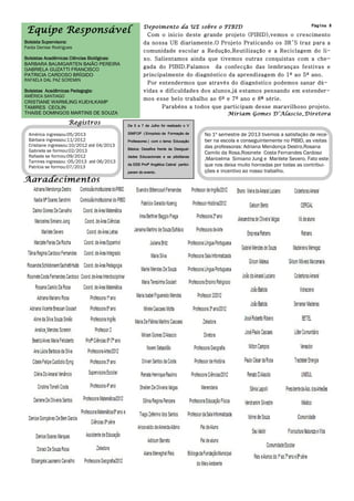 Bolsista Supervisora:
Faida Denise Rodrigues
Bolsistas Acadêmicas Ciências Biológicas:
BARBARA BAUMGARTEN BAIÃO PEREIRA
GABRIELA GUZATTI FRANCISCO
PATRICIA CARDOSO BRÍGIDO
RAFAELA DAL PAZ SCREMIN
Bolsistas Acadêmicas Pedagogia:
AMÈRICA SANTIAGO
CRISTIANE WARMLING KUEHLKAMP
TAMIRES CEOLIN
THAISE DOMINGOS MARTINS DE SOUZA
Equipe Responsável
América ingressou:05/2013
Bárbara ingressou:11/2012
Cristiane ingressou:10/2012 até 04/2013
Gabriela se formou:02/2013
Rafaela se formou:09/2012
Tamires ingressou :05/2013 até 06/2013
Patrícia se formou:07/2013
Registros
Agradecimentos
Página 8Depoimento da UE sobre o PIBID
Com o inicio deste grande projeto (PIBID),vemos o crescimento
da nossa UE diariamente.O Projeto Praticando os 3R’S traz para a
comunidade escolar a Redução,Reutilização e a Reciclagem do li-
xo. Salientamos ainda que tivemos outras conquistas com a che-
gada do PIBID.Falamos da confecção das lembranças festivas e
principalmente do diagnóstico da aprendizagem do 1º ao 5º ano.
Por entendermos que através do diagnóstico podemos sanar dú-
vidas e dificuldades dos alunos,já estamos pensando em estender-
mos esse belo trabalho ao 6º e 7º ano e 8ª série.
Parabéns a todos que participam desse maravilhoso projeto.
Miriam Gomes D’Alascio_Diretora
No 1º semestre de 2013 tivemos a satisfação de rece-
ber na escola e conseguintemente no PIBID, as visitas
das professoras: Adriana Mendonça Destro,Rosana
Camilo da Rosa,Rosinete Costa Fernandes Cardoso
,Maricelma Simiano Jung e Marilete Severo. Fato este
que nos deixa muito honradas por todas as contribui-
ções e incentivo ao nosso trabalho.
De 5 a 7 de Julho foi realizado o V
SIMFOP (Simpósio de Formação de
Professores ) com o tema: Educação
Básica: Desafios frente às Desigual-
dades Educacionais e as pibidianas
da EEB Profª Angélica Cabral partici-
param do evento.
 