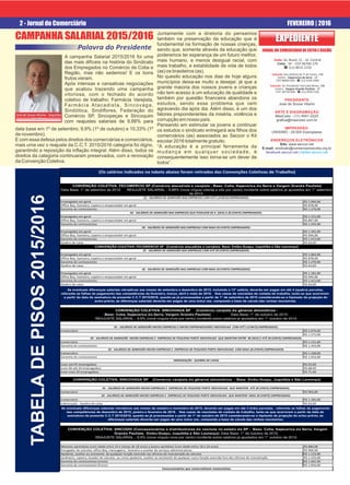 2 - Jornal do Comerciário FEVEREIRO | 2016
JORNAL DO COMERCIÁRIO DE COTIA E REGIÃO
PRESIDENTE
José de Sousa Vilarim
ARTE E DIAGRAMAÇÃO
MaxColor - (11) 4551-2225
graﬁca@maxcolor.com.br
IMPRESSÃO:
UNISIND - 20.000 Exemplares
ENDEREÇOS ELETRÔNICOS
Site: www.seccor.net
E-mail: sindicato@comerciarioscotia.org.br
facebook.seccor.net | twitter.seccor.net
EXPEDIENTEEXPEDIENTE
José de Sousa Vilarim - Zequinha
Presidente
José de Sousa Vilarim - Zequinha
Presidente
Sede: Av. Brasil, 21 - Jd. Central
Cotia - SP - CEP 06700-270
( (11) 4615.1210
Subsede: Rua Antônio M. P. de Castro, 148
Centro - Itapecerica da Serra - SP
CEP 06850-020 - ( (11) 4165.3099
Av. Presidente Tancredo Neves, 188Subsede:
Centro - Vargem Grande Paulista - SP
CEP: 06730-000 - ( (11) 4559.2162
CAMPANHA SALARIAL 2015/2016
A campanha Salarial 2015/2016 foi uma
das mais difíceis na história do Sindicato
dos Empregados no Comércio de Cotia e
Região, mas não sedemos! E os bons
frutos vieram.
Após intensas e cansativas negociações
que acabou trazendo uma campanha
vitoriosa, com o fechado do acordo
coletivo de trabalho; Farmácia Varejista,
Farmácia Atacadista, Sincovaga,
Sindiótica, Sindiﬂores, Federação do
Comércio SP, Sincopeças e Sincoquim
com reajustes salariais de 9,88% para
Palavra do Presidente
data base em 1º de setembro; 9,9% (1º de outubro) e 10,33% (1º
de novembro).
E com essa defesa pelos direitos dos comerciárias e comerciários,
mais uma vez o reajuste da C.C.T. 2015/2016 categoria foi digno,
garantindo a reposição da inﬂação integral. Além disso, todos os
direitos da categoria continuaram preservados, com a renovação
da Convenção Coletiva.
Juntamente com a diretoria do pensamos
também na preservação da educação que é
fundamental na formação de nossas crianças,
sendo que, somente através da educação que
poderemos ter esperança de um futuro melhor,
mais humano, e menos desigual racial, com
mais trabalho, e estabilidade de vida de todos
(as) os brasileiros (as).
No quesito educação nos dias de hoje alguns
municípios deixa-se muito a desejar, já que a
grande maioria dos nossos jovens e crianças
não tem acesso à um educação de qualidade e
também por questão ﬁnanceira abandona os
estudos, sendo esse problema que vem
agravando dia após dia. Além disso, é um dos
fatores preponderantes da miséria, violência e
corrupção em nosso país.
Pensando em estimular os jovens a continuar
os estudos o sindicato entregará aos ﬁlhos dos
comerciários (as) associados ao Seccor o Kit
escolar 2016 totalmente gratuito.
“A educação é a principal ferramenta da
mudança em qualquer sociedade, é
consequentemente isso torna-se um dever de
todos”.
TABELADEPISOS2015/2016
 