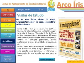 Os 9º Anos foram visitar “O Ponto
Emprego/Formação” na escola Secundária
Leal da Câmara!

 Foi no dia 16 de Abril que todas as turmas do 9º Ano
 foram visitar a Escola Secundária Leal da Câmara para
 ver a Feira de Emprego / Formação de Rio de Mouro.
 Na feira estavam presentes, empresas de diferentes
 áreas de serviço, empresas de trabalho temporário,
 centros de formação profissional, escolas
 profissionais, diversas Universidades e Faculdades,
 etc.
 Na feira foram abordadas questões importantes na
 hora de decidir o rumo a seguir, proporcionando
 uma decisão mais consciente e reforçando a
 importância de uma escolha acertada para os
 alunos.

                               Folheto Informativo
                                                         Voltar a Visitas de Estudo
 
