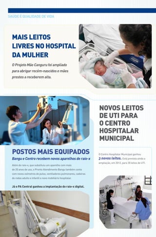 saúdE é qUaLIdadE dE VIda




  MAiS leitoS
  liVReS no HoSPitAl
  dA MulHeR
  O Projeto Mãe Canguru foi ampliado
  para abrigar recém-nascidos e mães
  prestes a receberem alta.




                                                                    noVoS leitoS
                                                                    de uti PARA
                                                                    o centRo
                                                                    HoSPitAlAR
                                                                    MuniciPAl
  Postos mais equiPados                                             o Centro Hospitalar Municipal ganhou
  Bangu e Centro recebem novos aparelhos de raio-x                  3 novos leitos. Está prevista ainda a
                                                                    ampliação, em 2012, para 30 leitos de UtI.
  Além do raio-x, que substituiu um aparelho com mais
  de 20 anos de uso, o Pronto Atendimento Bangu também conta
  com novos oxímetros de pulso, ventiladores pulmonares, cadeiras
  de rodas adulto e infantil e novo mobiliário hospitalar.


  Já o PA Central ganhou a implantação do raio-x digital.
 