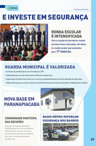 Prestação de Contas




e inVeSte eM SeguRAnçA
                                                            RondA eScolAR
                                                            é intenSiFicAdA
                                                            Com a criação da Secretaria, muitos
                                                            serviços foram reforçados. Um deles
                                                            é a ronda escolar que aumentou
                                                            para 17 viaturas.




Guarda Municipal é valorizada
• Aumento da gratificação de risco de vida para 25%

• Implantação do curso de Articulação e Políticas de Segurança

• Capacitação do efetivo de acordo com o currículo estabelecido pela Secretaria Nacional de Segurança

 Pública (Senasp), que envolve matérias como Direitos Humanos, Polícia Comunitária e Mediação de Conflitos




noVA BASe eM
PARAnAPiAcABA

                                                 BASeS MóVeiS ReFoRçAM
coMunidAde PARticiPA
das decisões                                     SeguRAnçA noS BAiRRoS
o Conselho de segurança Municipal -
ConsEM passou por uma reestruturação
administrativa e, com isso, aumentou o
número de representantes dos ConsEgs,
para maior e melhor participação da
sociedade civil.
                                                                                                                29
 