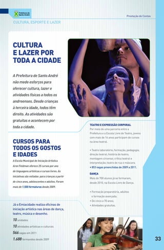 Prestação de Contas

cultura, esporte e lazer




cultuRA
e lAzeR PoR
todA A cidAde
A Prefeitura de Santo André
não mede esforços para
oferecer cultura, lazer e
atividades físicas a todos os
andreenses. Desde crianças
à terceira idade, todos têm
direito. As atividades são
gratuitas e acontecem por
                                                  teatRo e expRessão coRpoRal
toda a cidade.                                    Por meio de uma parceria entre a
                                                  Prefeitura e a Escola Livre de teatro, jovens
                                                  com mais de 16 anos participam de cursos
Cursos para                                       na área teatral.

todos os gostos                                   • Teatro laboratório; formação; pedagogia;
e idades                                          direção teatral; história do teatro;
                                                  montagem circense; crítica teatral e
A Escola Municipal de Iniciação Artística
                                                  interpretação; teatro de rua e máscara.
Aron Feldman oferece 25 cursos por ano            • 853 vagas preenchidas de 2009 a 2011.
de linguagens artísticas e cursos livres. As
                                                  dAnçA
iniciativas são voltadas para crianças a partir
                                                  Mais de 700 alunos já se formaram,
de cinco anos, adolescentes e adultos. Foram      desde 2010, na Escola Livre de dança.
mais de 1.500 formaturas desde 2009.
                                                  • Formação preparatória, adultos
                                                   e formação avançada;
                                                  • De cinco a 70 anos;
Já o Emiacidade realiza oficinas de               • Atividades gratuitas.
iniciação artística nas áreas de dança,
teatro, música e desenho.
10 unidades
10 atividades artísticas e culturais
566 vagas em 2011
1.688 formandos desde 2009                                                                              33
 