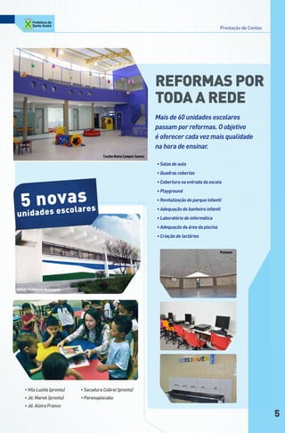 Prestação de Contas




                                                                       RefoRmas poR
                                                                       toda a Rede
                                                                       Mais de 60 unidades escolares
                                                                       passam por reformas. O objetivo
                                                                       é oferecer cada vez mais qualidade
                                                                       na hora de ensinar.
                                          Creche Maria Campos Santos
                                                                       • Salas de aula
                                                                       • Quadras cobertas
                                                                       • Cobertura na entrada da escola


             s
  5daneoevcalares
                                                                       • Playground
                                                                       • Revitalização do parque infantil

     d s s o
                                                                       • Adequação do banheiro infantil
uni                                                                    • Laboratório de informática
                                                                       • Adequação da área da piscina
                                                                       • Criação de lactários


                                                                                                        Premem




EMEIEF Professora Mariangela




    • Vila Luzita (pronta)     • Sacadura Cabral (pronta)
    • Jd. Marek (pronta)       • Paranapiacaba
    • Jd. Alzira Franco
                                                                                                                              5
 