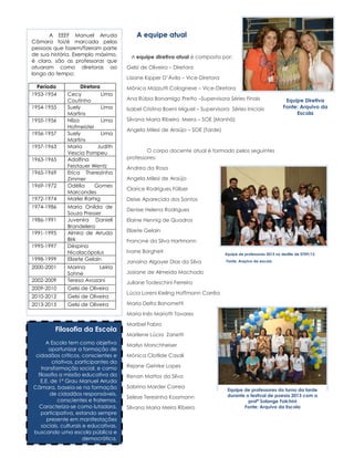 A EEEF Manuel Arruda
Câmara foi/é marcada pelas
pessoas que fazem/fizeram parte
de sua história. Exemplo máximo,
é claro, são as professoras que
atuaram como diretoras ao
longo do tempo:
Período
1953-1954
1954-1955
1955-1956
1956-1957
1957-1963
1963-1965
1965-1969
1969-1972
1972-1974
1974-1986
1986-1991
1991-1995
1995-1997
1998-1999
2000-2001

Diretora
Cecy
Lima
Coutinho
Suely
Lima
Martins
Nilza
Lima
Hofmeister
Suely
Lima
Martins
Maria
Judith
Vescia Pompeu
Adolfina
Feistauer Wentz
Erica Therezinha
Zimmer
Odélia
Gomes
Marcondes
Marlei Rorhig
Maria Onilda de
Souza Presser
Juvenira Danieli
Brandelero
Almira de Arruda
Birk
Déspina
Nicolacópolus
Elizete Gelain

2002-2009

Marina
Leiria
Sohne
Teresa Avozani

2009-2010

Gelsi de Oliveira

2010-2012

Gelsi de Oliveira

2013-2015

Gelsi de Oliveira

A equipe atual
A equipe diretiva atual é composta por:
Gelsi de Oliveira – Diretora
Lisiane Kipper D’Ávila – Vice-Diretora
Mônica Mazzutti Colognese – Vice-Diretora
Ana Rúbia Bonamigo Pretto –Supervisora Séries Finais
Isabel Cristina Boeni Miguel – Supervisora Séries Iniciais
Silvana Maria Ribeiro Meira – SOE (Manhã)

Equipe Diretiva
Fonte: Arquivo da
Escola

Angela Milesi de Araújo – SOE (Tarde)

O corpo docente atual é formado pelos seguintes
professores:
Andrea da Rosa
Angela Milesi de Araújo
Clarice Rodrigues Fülber
Deise Aparecida dos Santos
Denise Helena Rodrigues
Elaine Hennig de Quadros
Elizete Gelain
Francine da Silva Hartmann
Ivane Borgheti
Janaína Algayer Dias da Silva

Equipe de professores 2013 no desfile de 0709/13
Fonte: Arquivo da escola

Josiane de Almeida Machado
Juliane Todeschini Ferreira
Lúcia Loreni Kieling Hoffmann Corrêa
Maria Delta Bonometti
Maria Inês Mariotti Tavares

Filosofia da Escola
A Escola tem como objetivo
oportunizar a formação de
cidadãos críticos, conscientes e
criativos, participantes da
transformação social, e como
filosofia a missão educativa da
E.E. de 1º Grau Manuel Arruda
Câmara, baseia-se na formação
de cidadãos responsáveis,
conscientes e fraternos.
Caracteriza-se como lutadora,
participativa, estando sempre
presente em manifestações
sociais, culturais e educativas,
buscando uma escola pública e
democrática.

Maribel Fabro
Marilene Lúcia Zanetti
Marlys Morschheiser
Mônica Clotilde Casali
Rejane Gehrke Lopes
Renan Mattos da Silva
Sabrina Marder Correa
Selese Teresinha Kossmann
Silvana Maria Meira Ribeiro

Equipe de professores do turno da tarde
durante o festival de poesia 2013 com a
profª Solange Folchini
Fonte: Arquivo da Escola

 