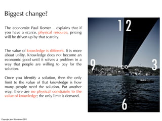 Biggest change?

    The economist Paul Romer .. explains that if
    you have a scarce, physical resource, pricing
    will be driven up by that scarcity.


    The value of knowledge is different. It is more
    about utility. Knowledge does not become an
    economic good until it solves a problem in a
    way that people are willing to pay for the
    solution.

    Once you identify a solution, then the only
    limit to the value of that knowledge is how
    many people need the solution. Put another
    way, there are no physical constraints to the
    value of knowledge; the only limit is demand.




Copyright: Jørn B. Andersen 2011
 
