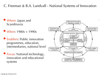 C. Freeman & B.A. Lundvall - National Systems of Innovation



    • Where: Japan and
           Scandinavia

    • When: 1980s + 1990s
    • Enablers: Public innovation
           programmes, education,
           intermediaries, national level

    • Focus: National technology,
           innovation and educational
           systems


Copyright: Jørn B. Andersen 2011
 