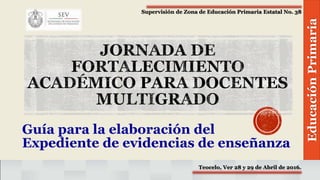 Supervisión de Zona de Educación Primaria Estatal No. 38
Guía para la elaboración del
Expediente de evidencias de enseñanza
EducaciónPrimaria
Teocelo, Ver 28 y 29 de Abril de 2016.
 