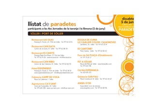 dissabte
                                                                                                                            5 de juny
llistat de paradetes                                                                                                         9.30 h a 14 h
                                                                                                                        plaça Constitució de Sóller
participants a les 4es Jornades de la taronja i la llimona (5 de juny)                                                  PARADETES
  SÓLLER i PORT DE SÓLLER

   Restaurant LAS OLAS                                             ESCOLA DE CUINA
     Passeig Es Través, s/n · Port de Sóller · Tel. 971 63 25 15   I.E.S GUILLEM COLOM CASASNOVES
                                                                     Juli Ramis, 34 · Sóller · Tel. 971 63 35 14
   Restaurant CAN GATA
     Carrer de Sa Lluna, 51 · Sóller · Tel. 971 63 86 34           ES CANTONET
                                                                     Pare Catany · Sóller · Tel. 971 63 85 42
   Restaurant ES CANYÍS
     Passeig Platja d’en Repic, 21 · Port de Sóller                Forn de SA PLAÇA d’Establiments
     Tel. 971 63 14 06 · www.escanyis.es · info@escanyis.es          Tel. 971 76 81 27

   Restaurant CAN RIBES                                            FET A SÓLLER
     Carrer de Sta. Caterina, 22 · Sóller · Tel. 971 63 84 93        Plaça del Mercat. Sóller · www.fetasoller.com
                                                                     Tel. 971 631 708
   Hotel ESPLÉNDIDO
     Passeig Es Través, 5 · Port de Sóller · Tel. 971 63 18 50     CA NA ESPERANÇA
     www.esplendidohotel.com · info@esplendidohotel.com              Tel. 625 615 223

   Cafeteria CAMP DE S’OCA                                         Gelateria CAN PAU
     Plaça Sa Calatrava, 1 · Sóller                                  Plaça Constitució 14. Sóller · Tel. 971 63 44 67


   Agroturisme CA’S SANT                                           ANGEL D’OR
     Camí de Fontanelles, 34 · Sóller                                Especialitat: Licor de taronja
     Tel. 971 630 298 · www.cas-sant.com · info@cas-sant.com         www.angeldor.com · Tel. 971 63 80 96
 