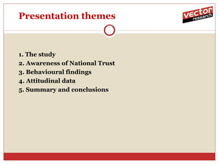 Presentation themes



1. The study
2. Awareness of National Trust
3. Behavioural findings
4. Attitudinal data
5. Summary and conclusions
 