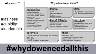 Why search? Why add/checkit items? 
#share 
- Boast 
- Very high / low price 
- Recipes 
- Leave a comment 
#self-fulfillment 
- Won praise (Likes) 
- Become an expert 
- Get a lot of followers (friends) 
#remember 
- Home Bookkeeping 
- Information about products 
- Save prices, photos, receipts, 
just a moment 
- Assemble a collection 
- Receive reminders from the 
frequency of purchases 
- Costs control 
- Consumption statisticsя 
- Receive alerts of abuse 
#laziness 
#cupidity 
#leadership 
#fan 
- Being the first one (competition) 
- Tell about using unusual things 
#explore 
- Find something similar or the 
best combination 
- Improve personalized 
recommendations 
#promote 
- Зromote themselves (as an expert), item (branding), 
store / cafe 
- Placing ads 
- Through the stars of show business 
#help 
- Help others to find 
- To be involved in a common cause 
- Request goods producer 
- Advise, admonish, to be a guru 
#whydoweneedallthis 
